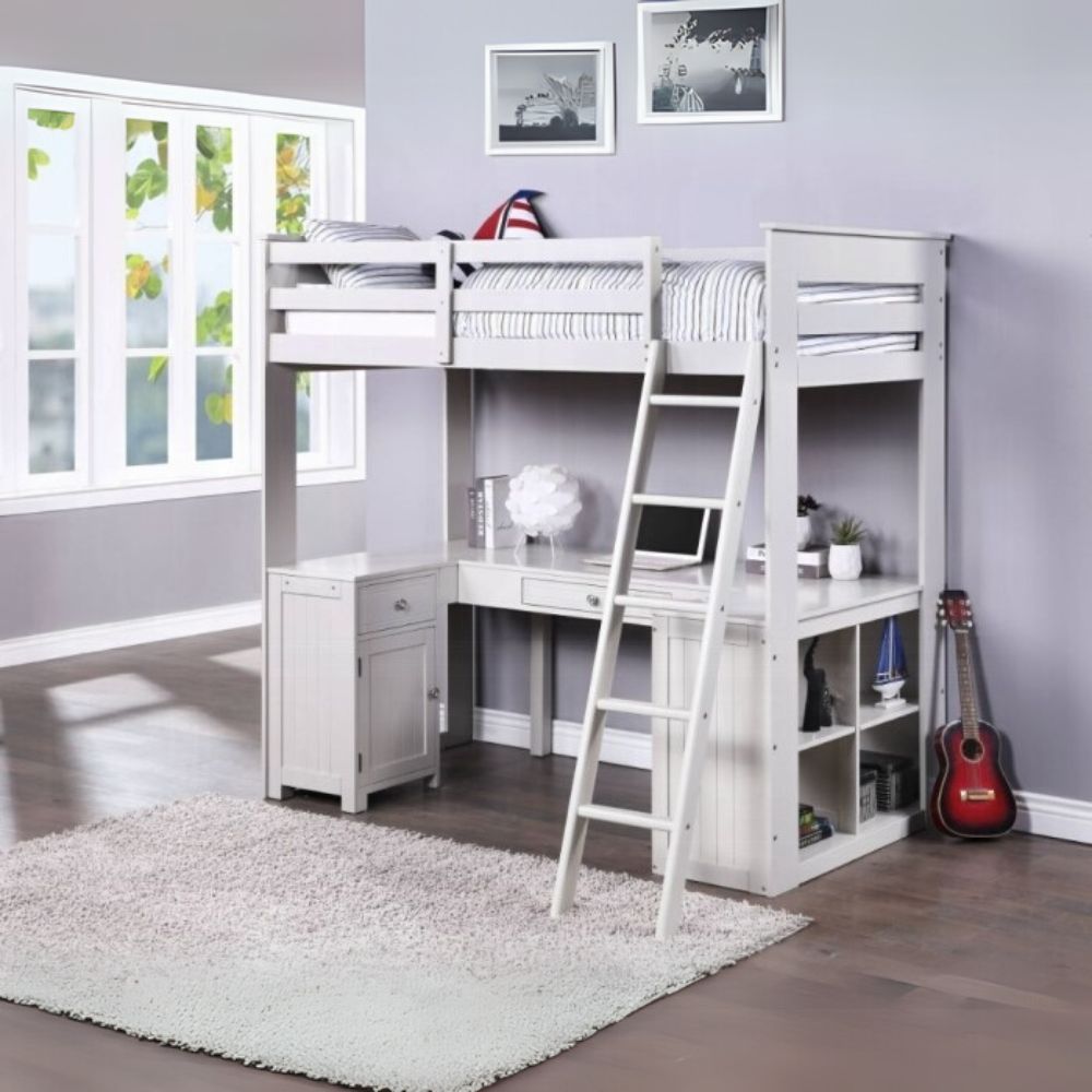 Ambar Twin Loft Bed w/Desk & Bookcase & Chest, Light Gray