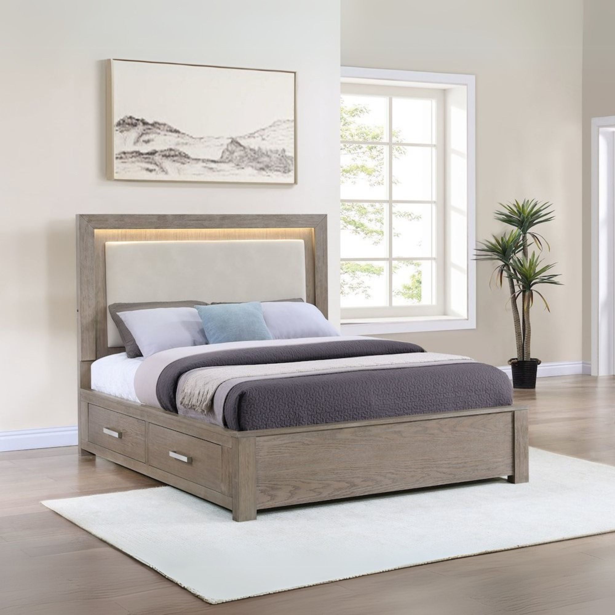 Nina Kenora California King Barley Brown Wood Platform Bed – LED Storage with 4 Drawers & Beige Upholstered Headboard