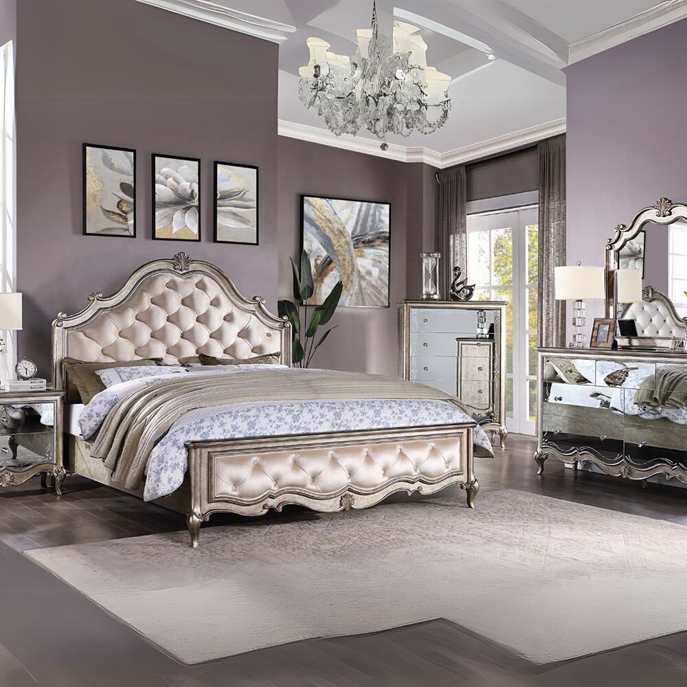 Esteban Eastern King Bed, Ivory Velvet & Antique Champagne