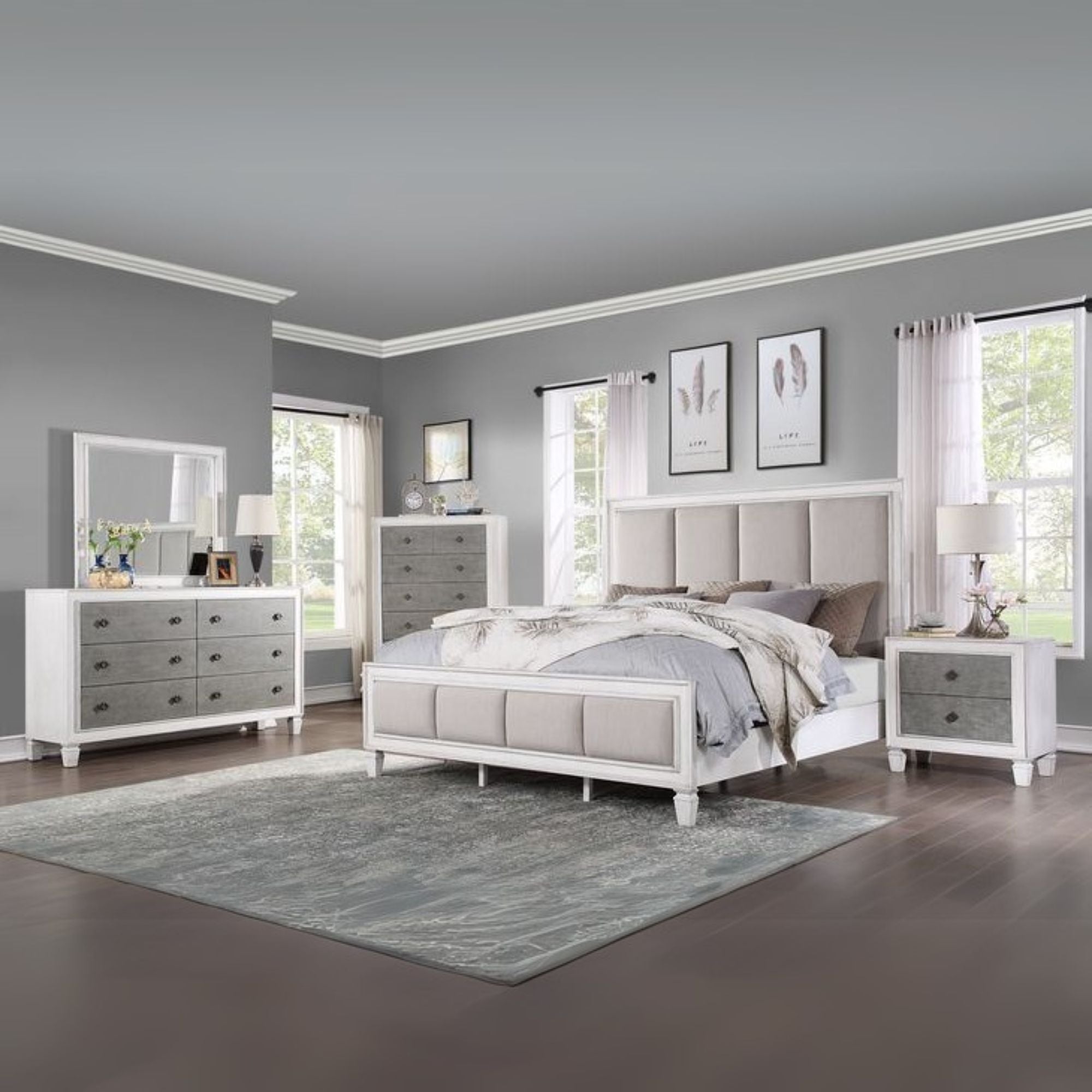 Katia Queen Bed, Light Gray Linen, Rustic Gray & Weathered White Finish