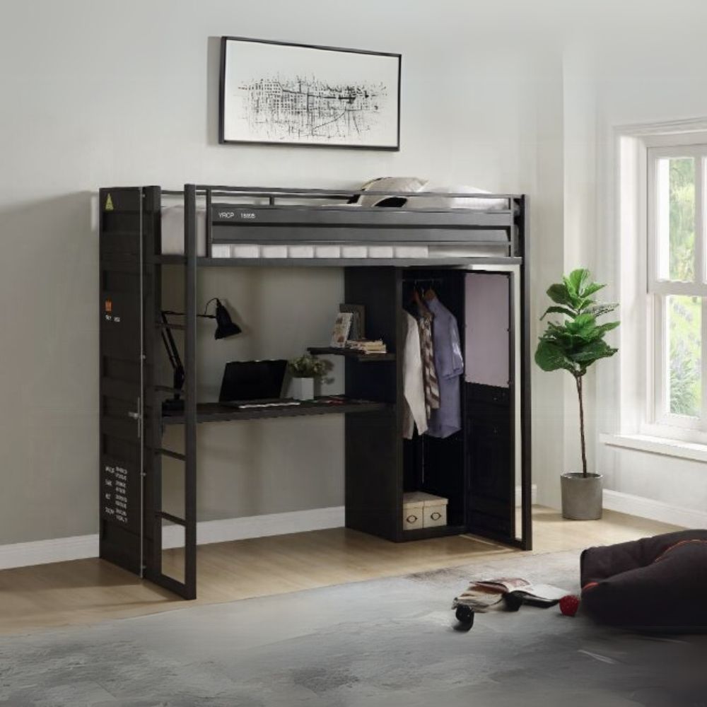 Cargo Twin Loft Bed w/Desk & Wardrobe, Gunmetal Finish