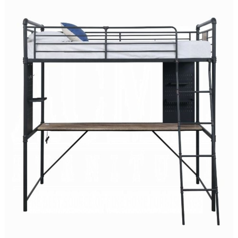 Cordelia Twin Loft Bed w/Desk, Antique Oak, Sandy Black & Dark Bronze Hand-Brushed Finish