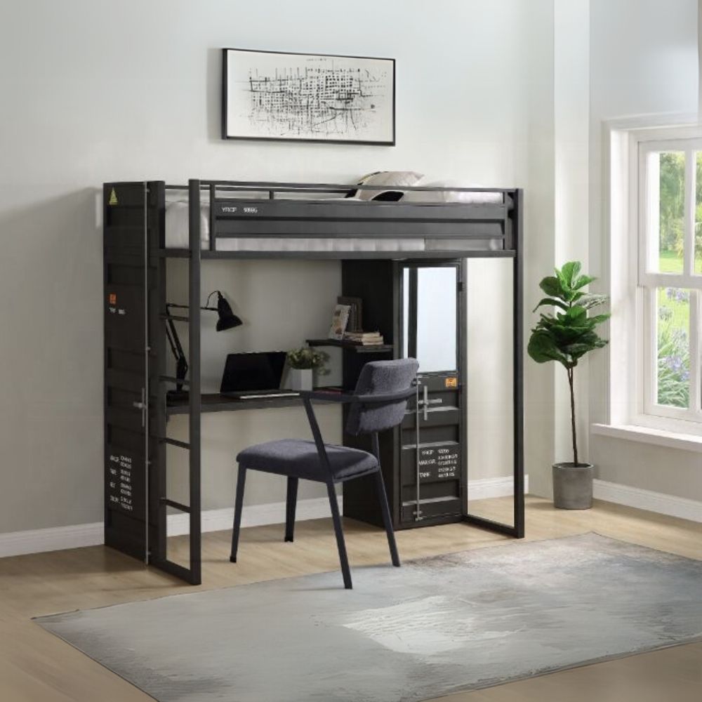 Cargo Twin Loft Bed w/Desk & Wardrobe, Gunmetal Finish