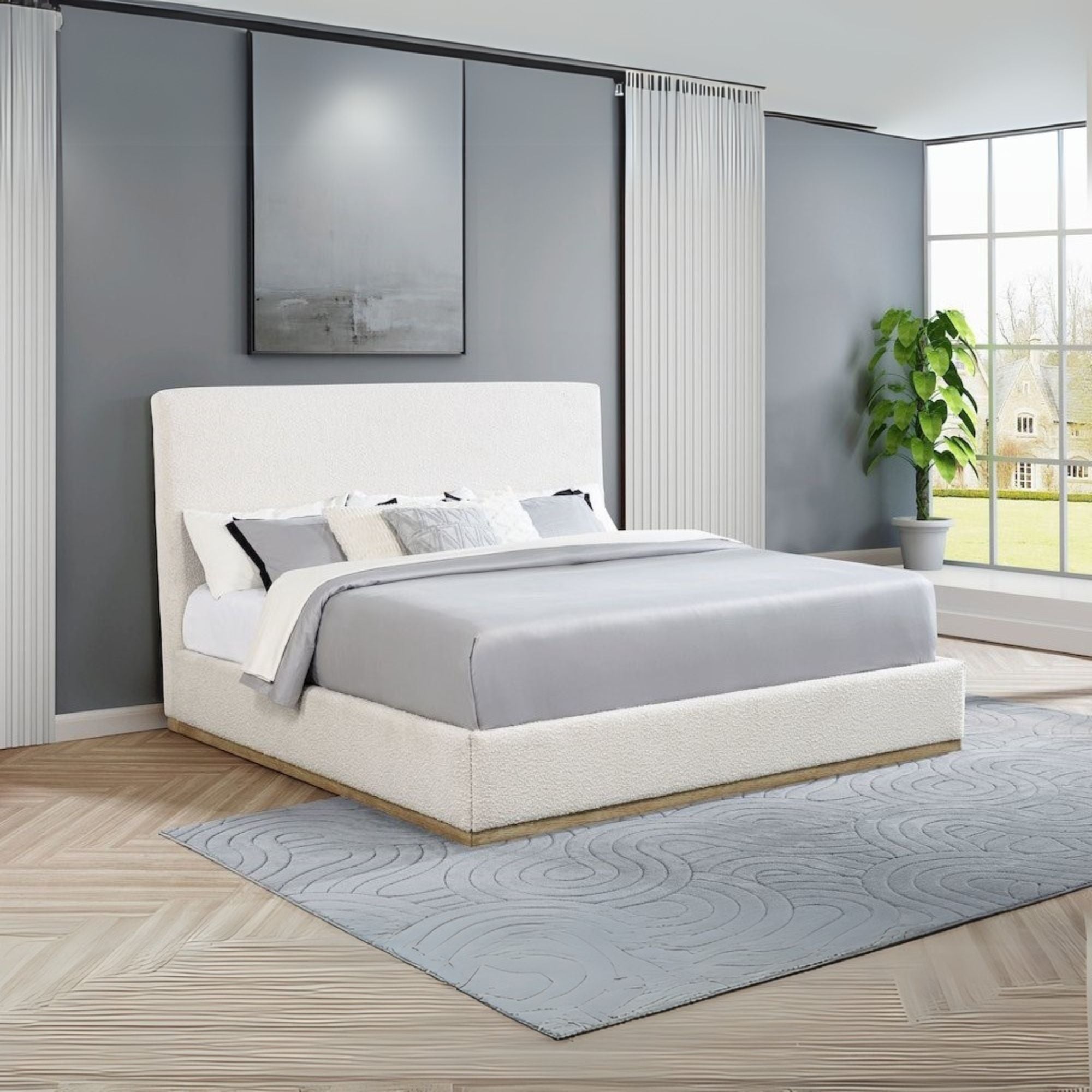 Rock Knox Eastern King Cream Fabric Platform Bed  Modern Upholstered Padded Headboard Design