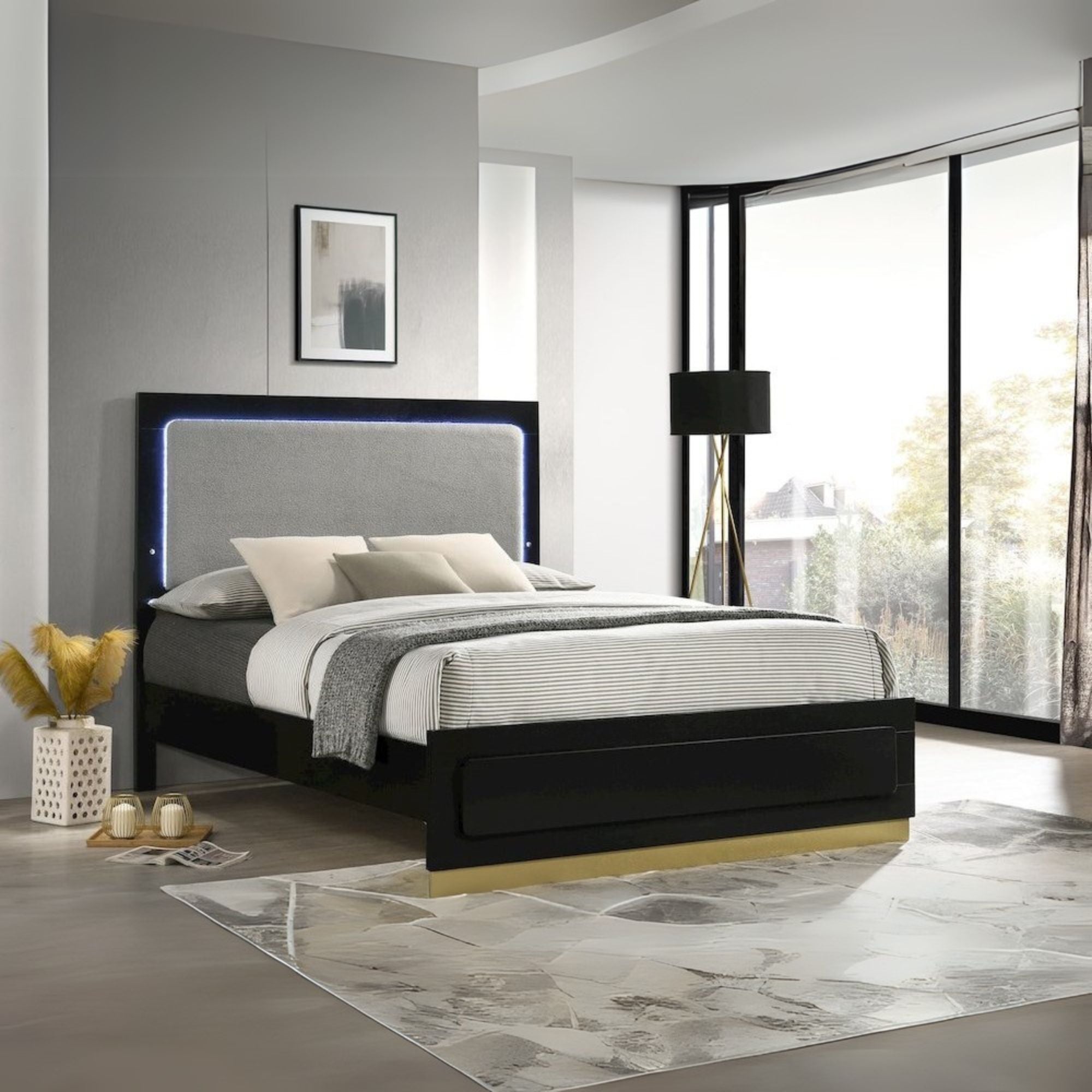 Matteo Caraway Wood LED Panel Bed Eastern King Black – Contemporary High Headboard with Touch Controls