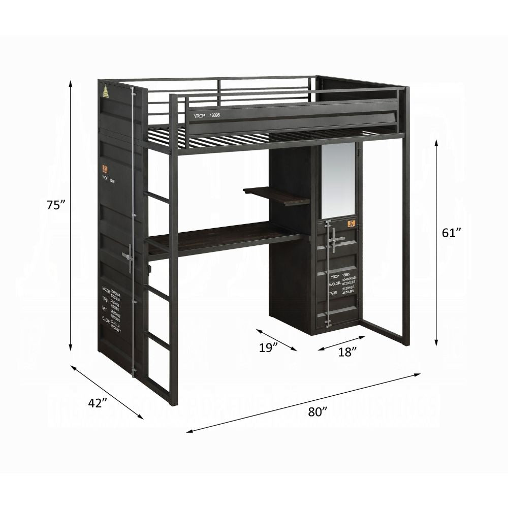 Cargo Twin Loft Bed w/Desk & Wardrobe, Gunmetal Finish