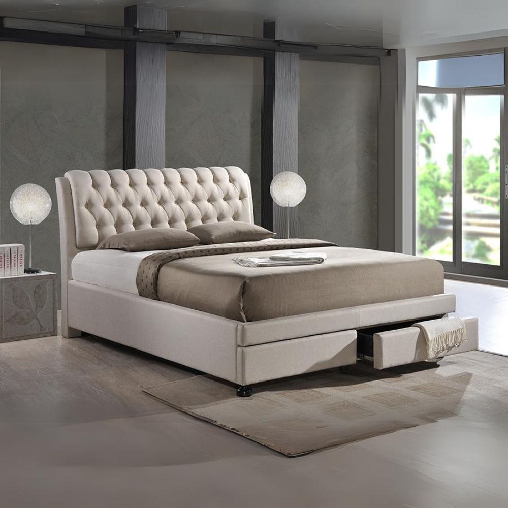 Ainge Light Beige Fabric King Size Bed with Storage Button-Tufted