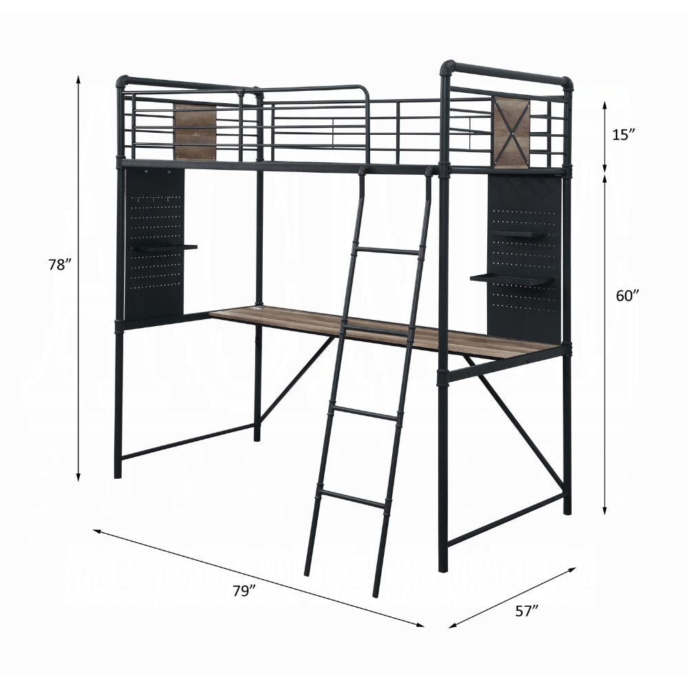 Cordelia Twin Loft Bed w/Desk, Antique Oak, Sandy Black & Dark Bronze Hand-Brushed Finish