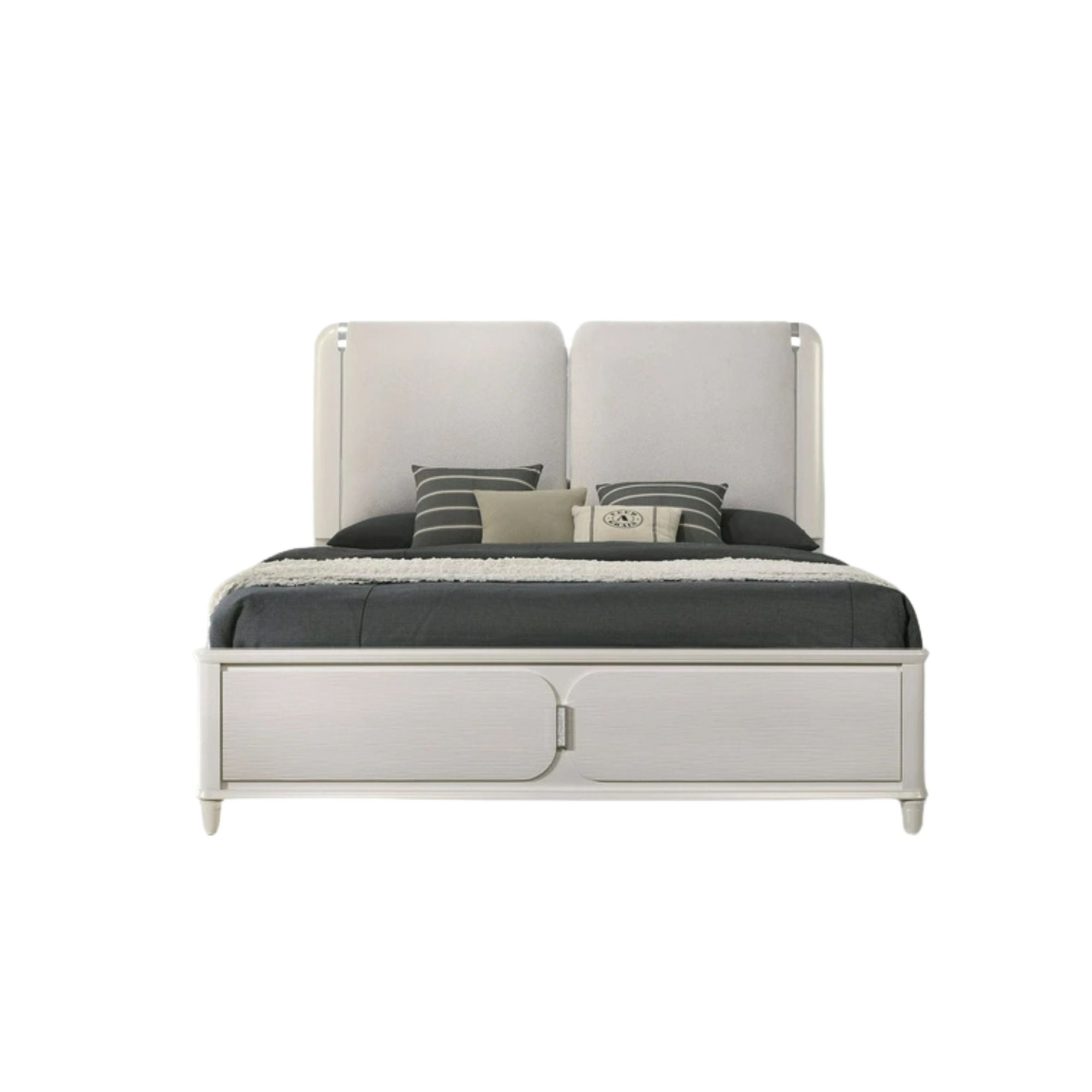 Laveda Queen Bed w/LED, Light Gray Boucle & Pearl White Finish