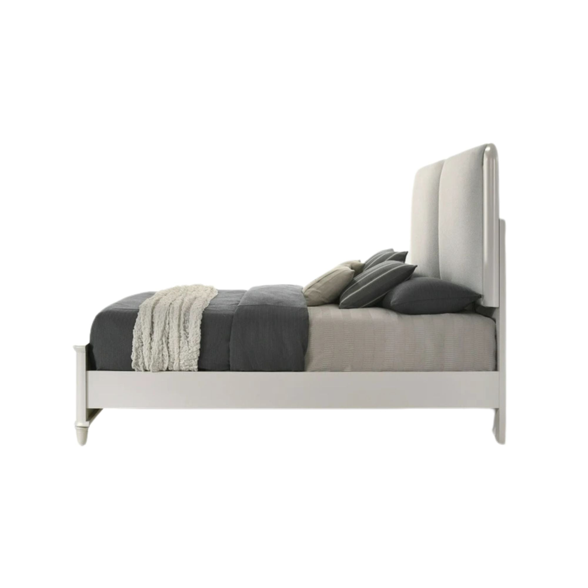 Laveda Queen Bed w/LED, Light Gray Boucle & Pearl White Finish