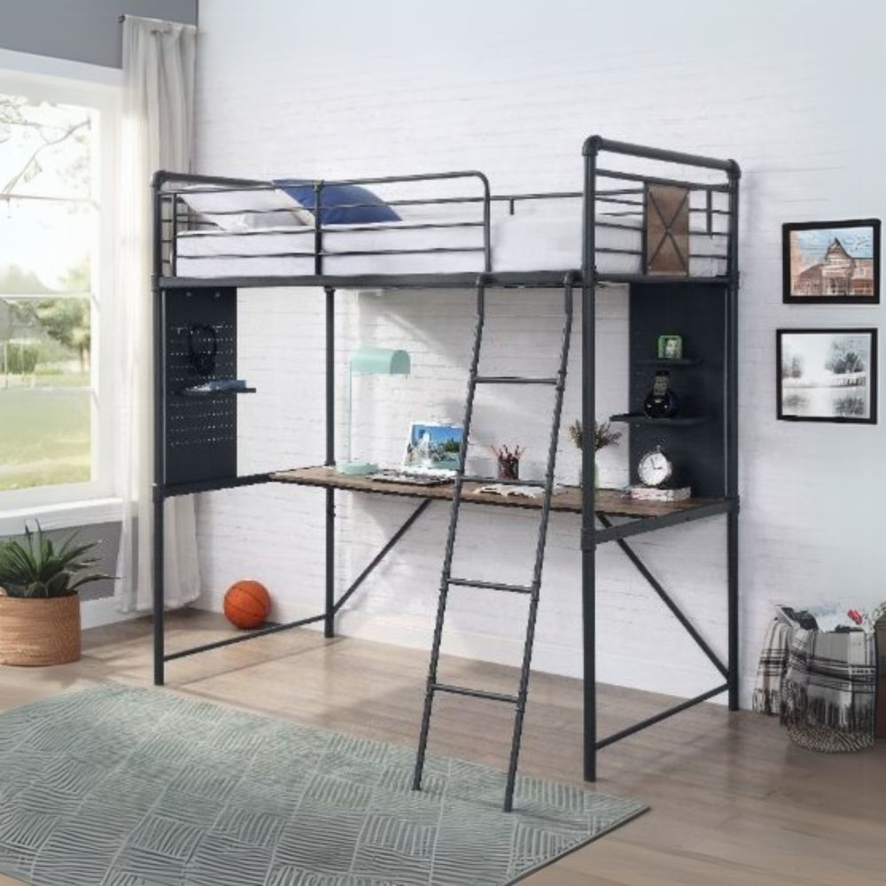 Cordelia Twin Loft Bed w/Desk, Antique Oak, Sandy Black & Dark Bronze Hand-Brushed Finish