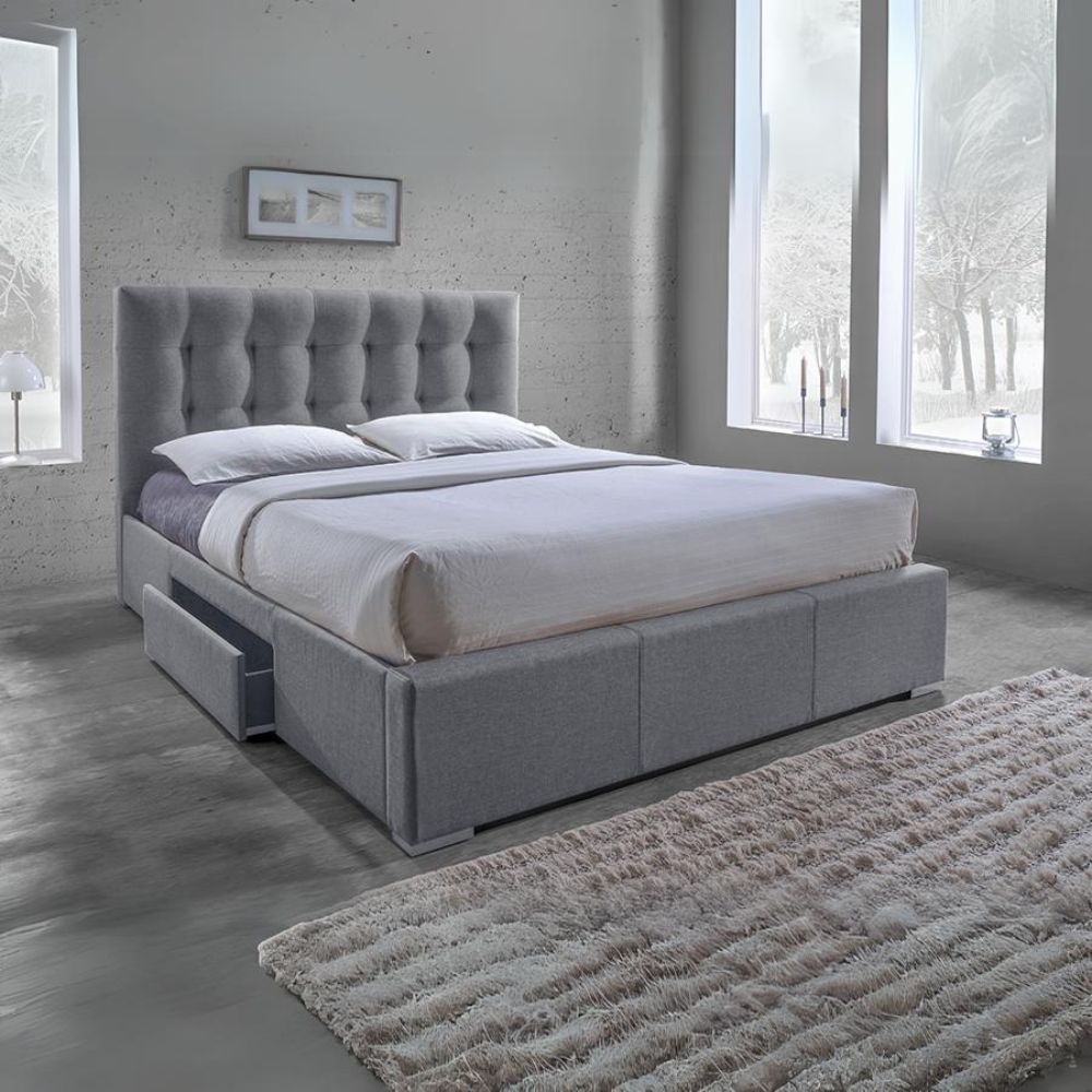 Sarter Grid-Tufted Grey Fabric King Size Bed with Storage