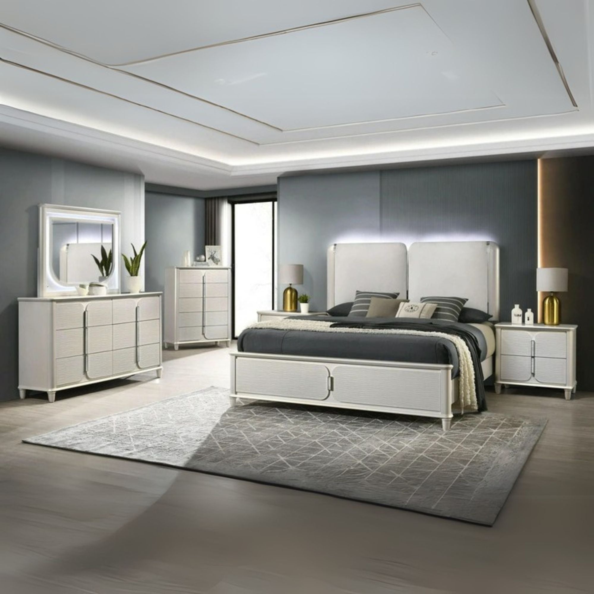 Laveda Queen Bed w/LED, Light Gray Boucle & Pearl White Finish