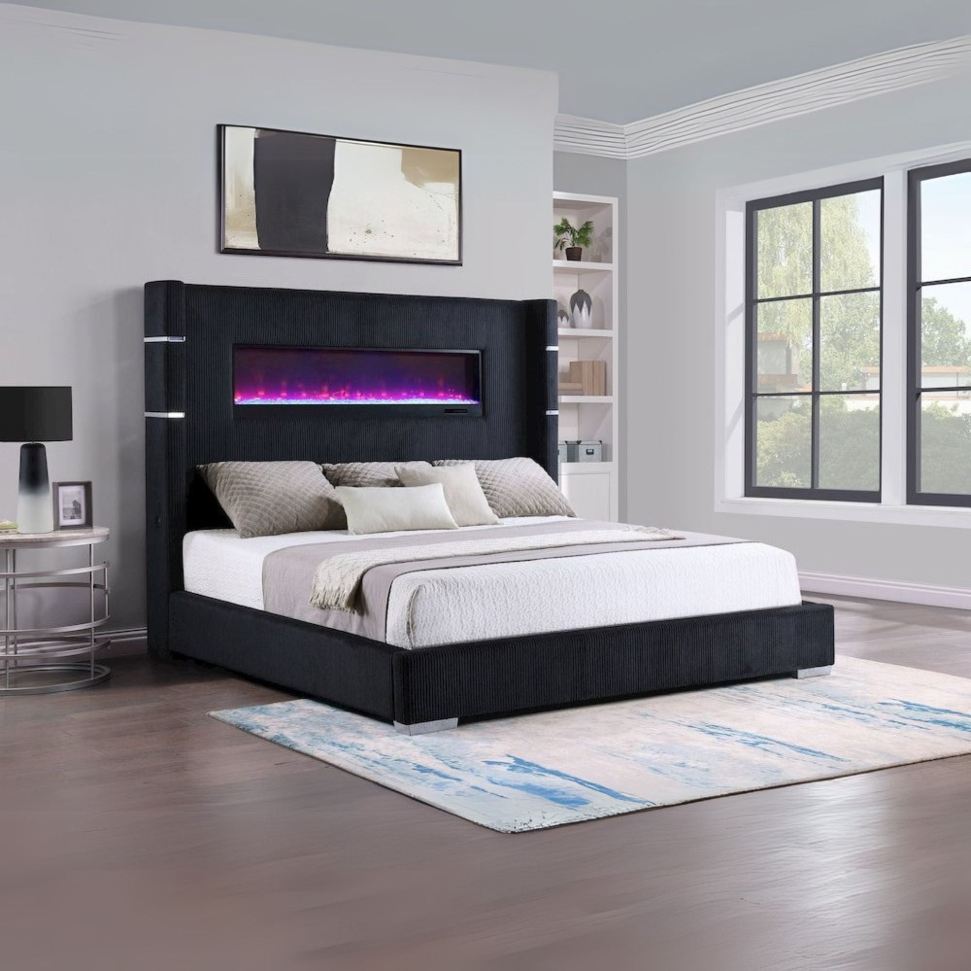 Root Tisdall Queen Black Corduroy Upholstered Panel Bed – Wingback Style with 16-Color Electric Fireplace