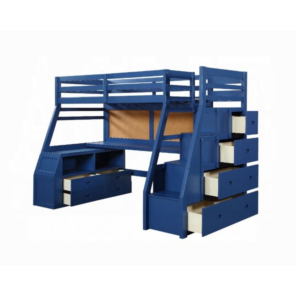 Guardrail Jason II Twin Navy Blue Wooden Loft Bed  Contemporary Storage Solution with 5-Drawer Ladder & Desk