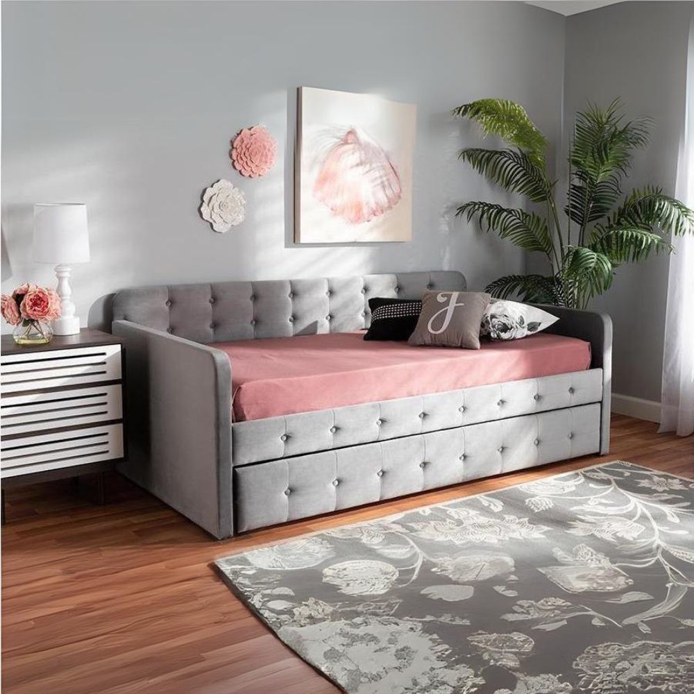 Jona Twin Daybed Modern Grey Velvet Button-Tufted with Trundle