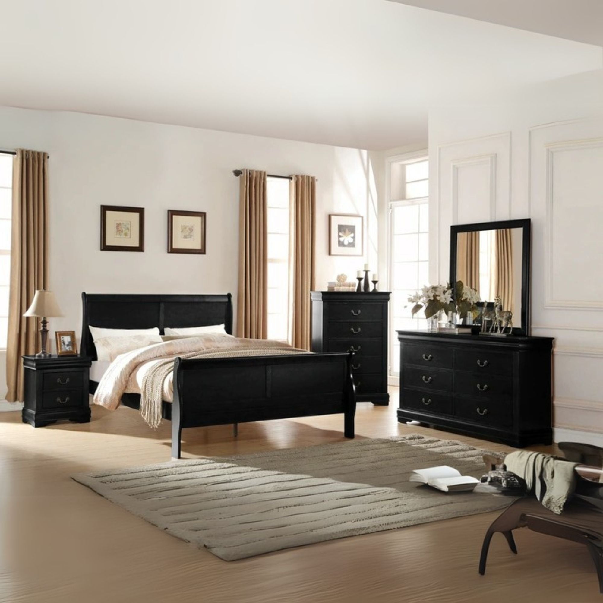 Jolly Louis Philippe Queen Wooden Sleigh Bed – Curved Headboard & Footboard