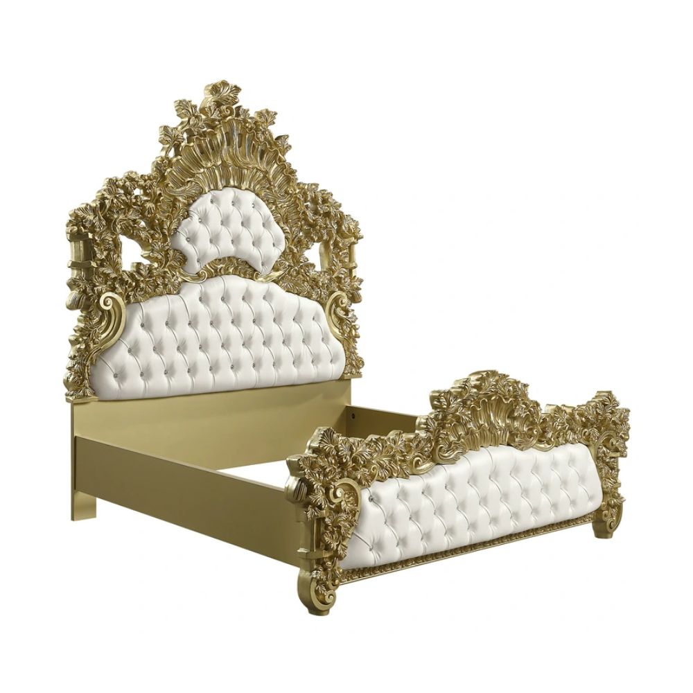 Bernadette Eastern King Bed, White Synthetic Leather & Gold Finish