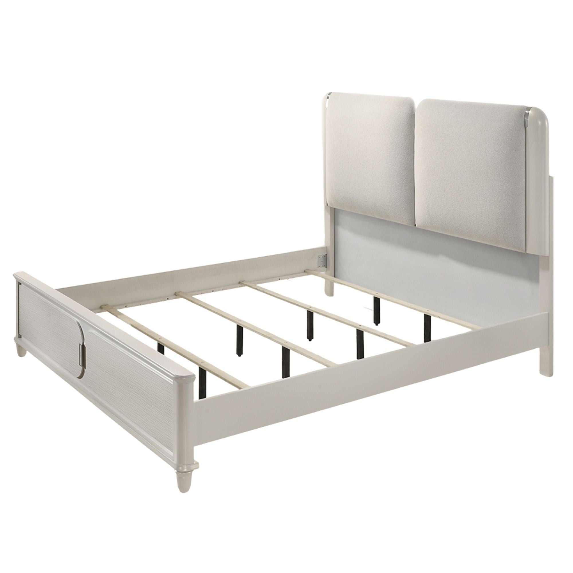 Laveda Eastern King Bed w/LED, Light Gray Boucle & Pearl White Finish