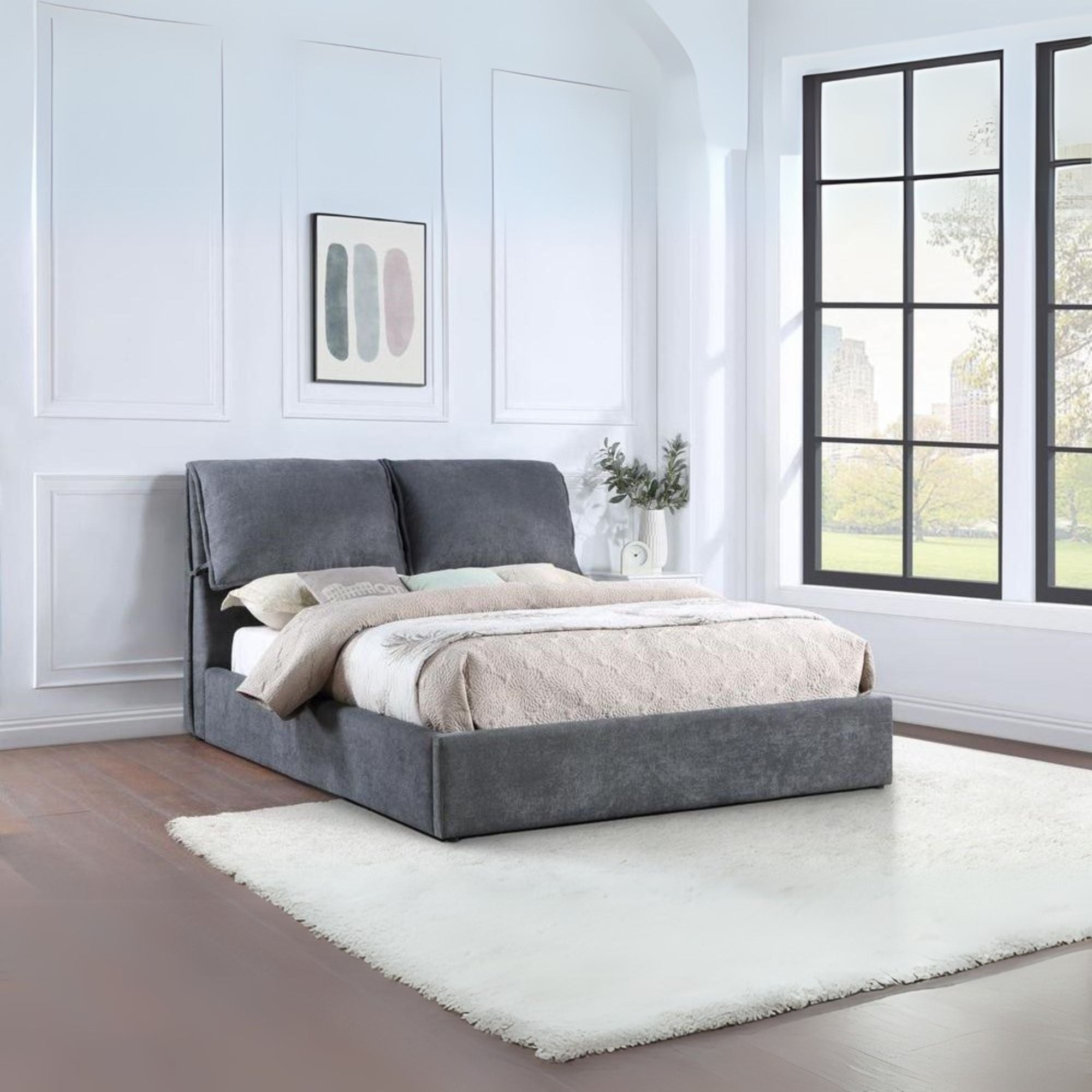 Laurel Upholstered Queen Platform Bed with Pillow Headboard Charcoal Grey