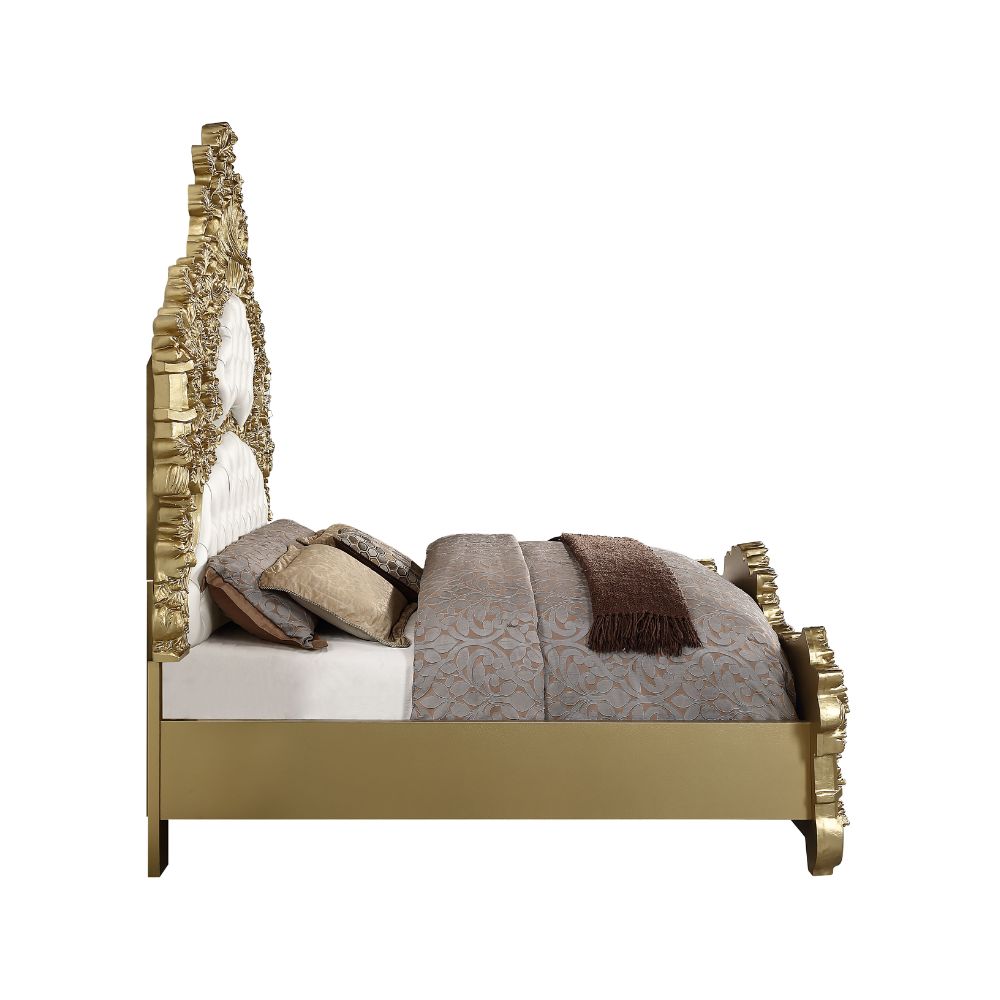 Bernadette Eastern King Bed, White Synthetic Leather & Gold Finish