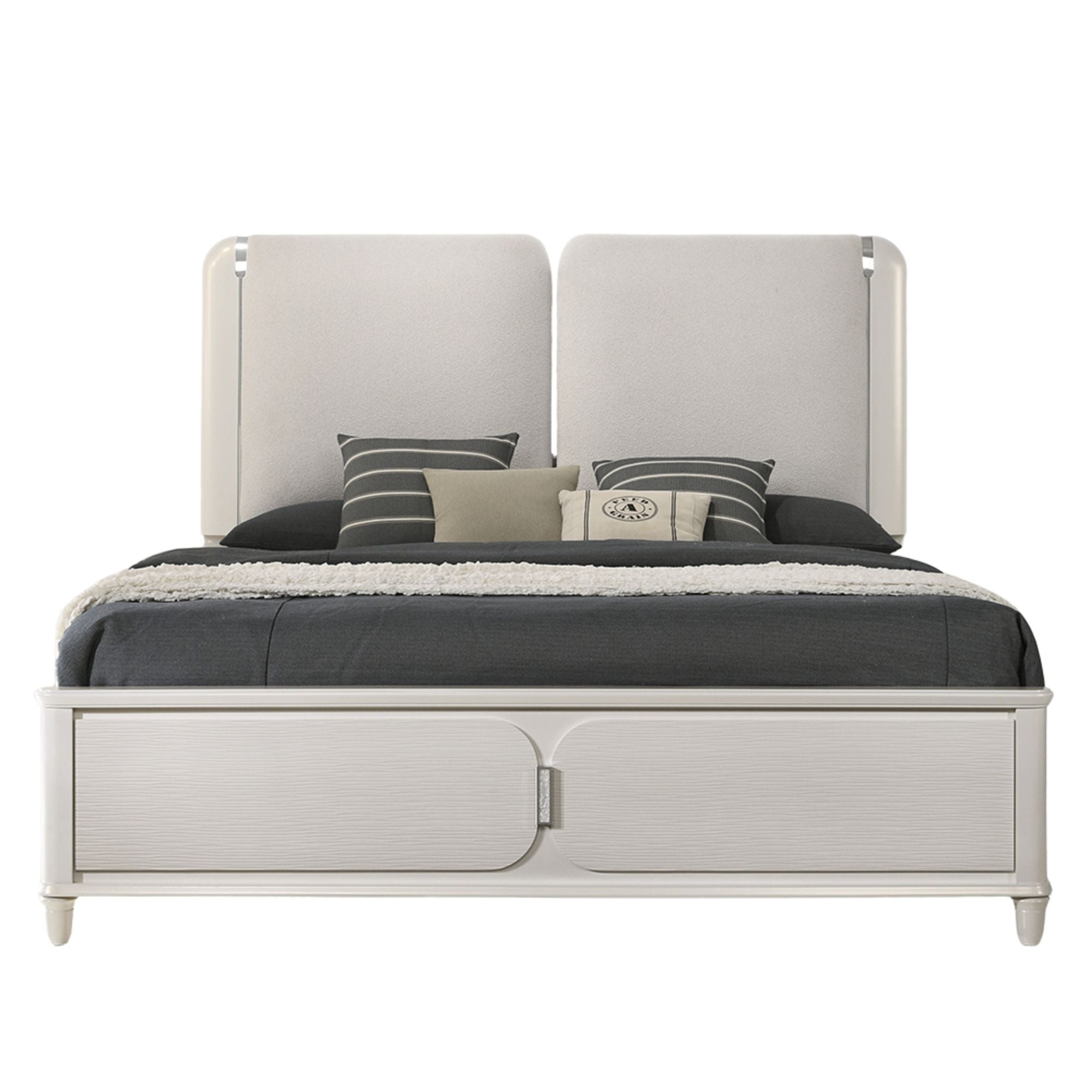 Laveda Eastern King Bed w/LED, Light Gray Boucle & Pearl White Finish