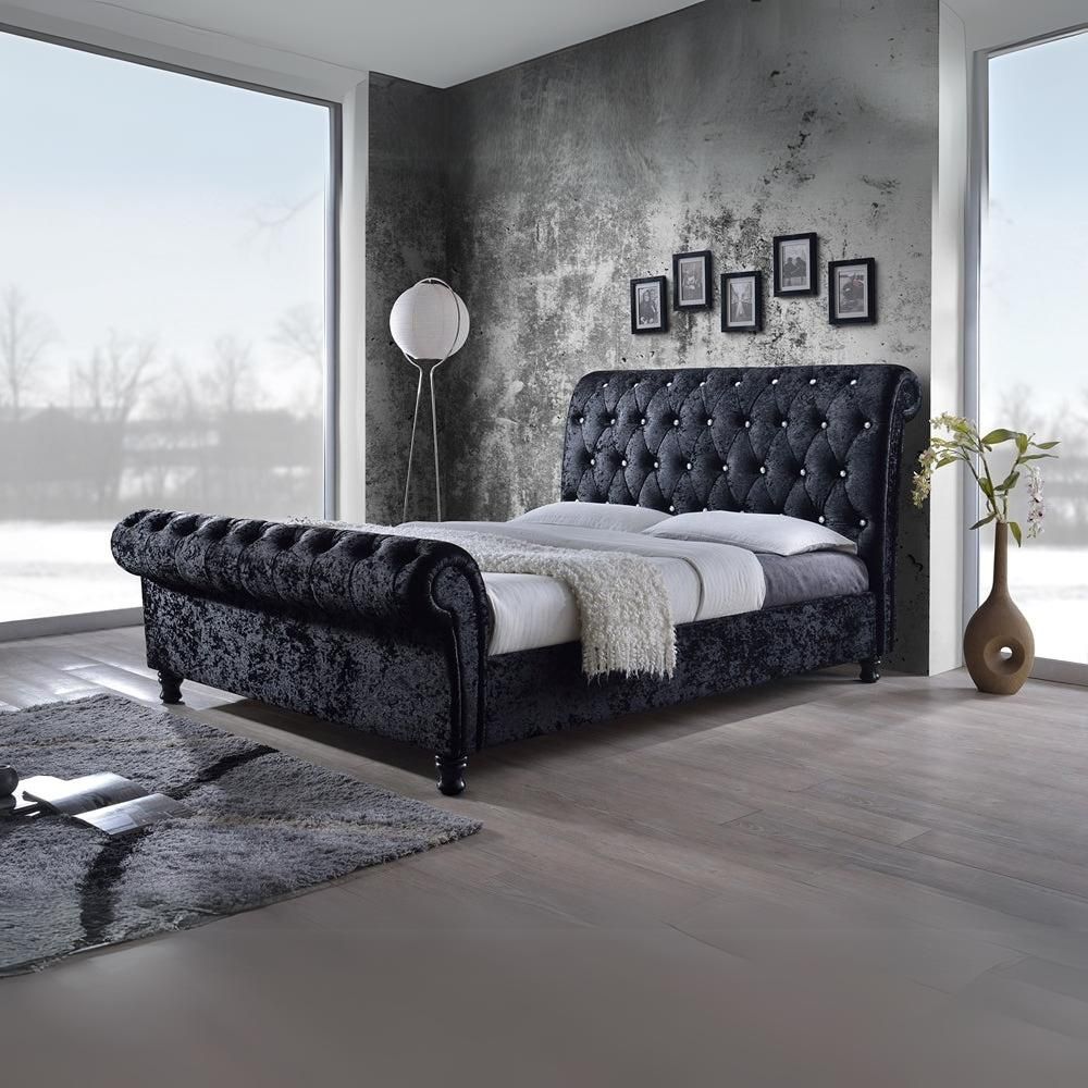 Castello Queen Size Platform Bed Black Velvet Crystal-Buttoned Sleigh