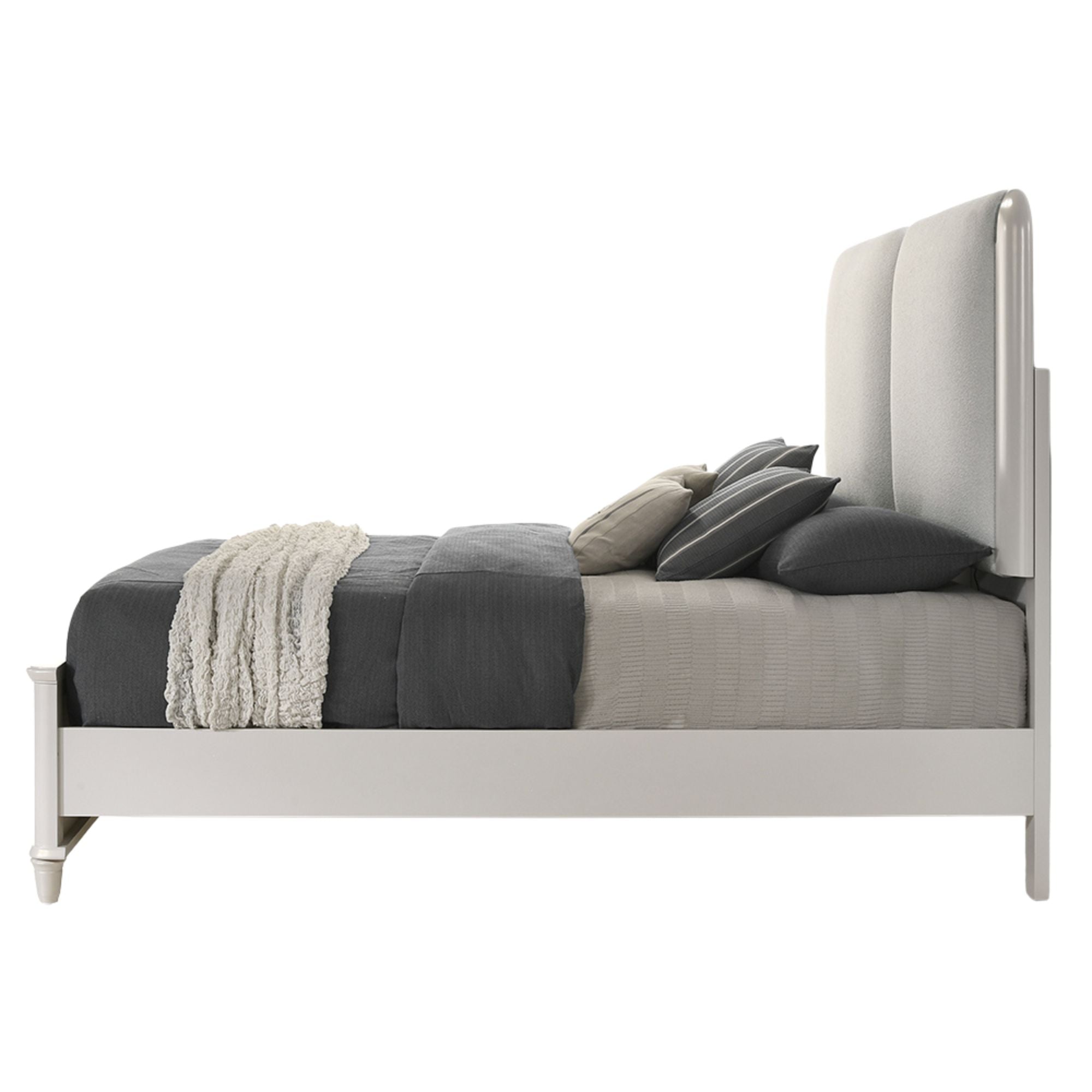 Laveda Eastern King Bed w/LED, Light Gray Boucle & Pearl White Finish