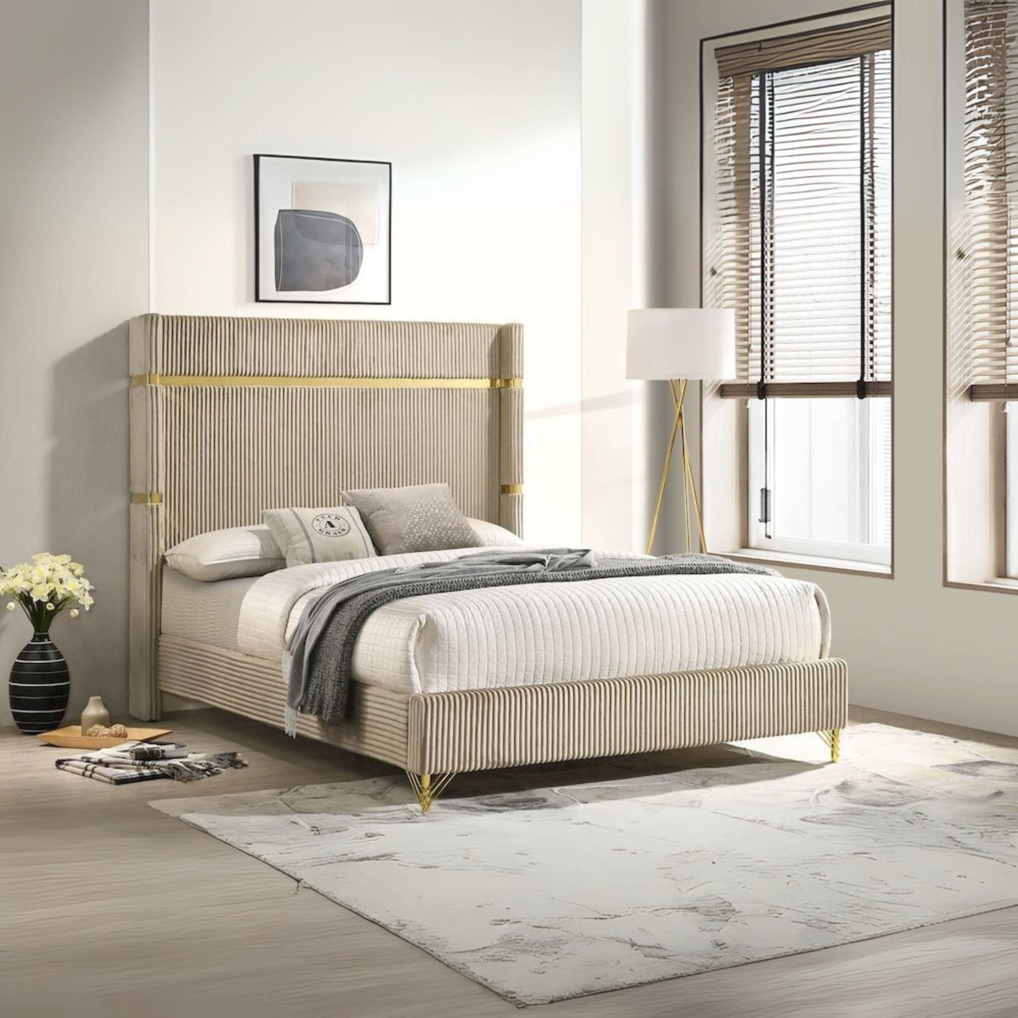 Darla Lucia 61-Inch Beige Velvet Upholstered Eastern King Bed - Wingback Design with Gold Accents