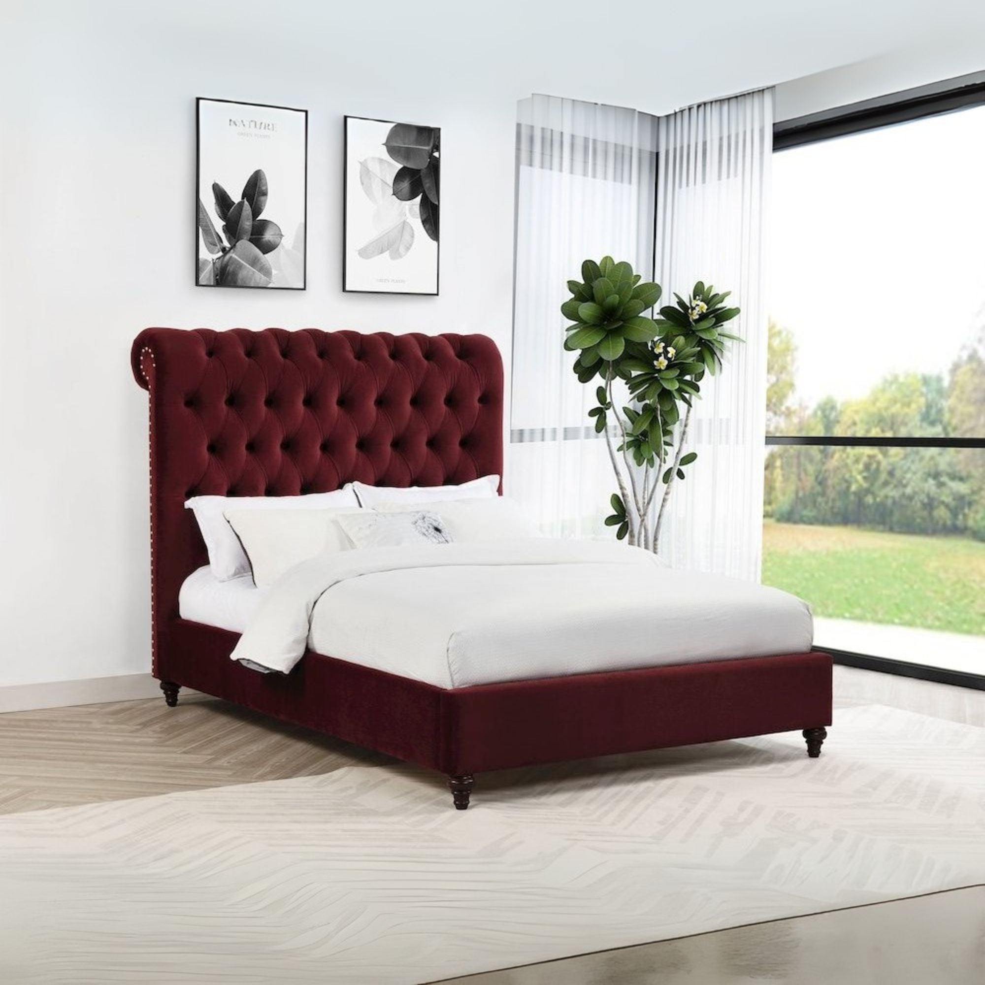 Chelmsford Devon Collection Full Size Velvet Upholstered Bed – Wine Red Panel Style with Padded Headboard