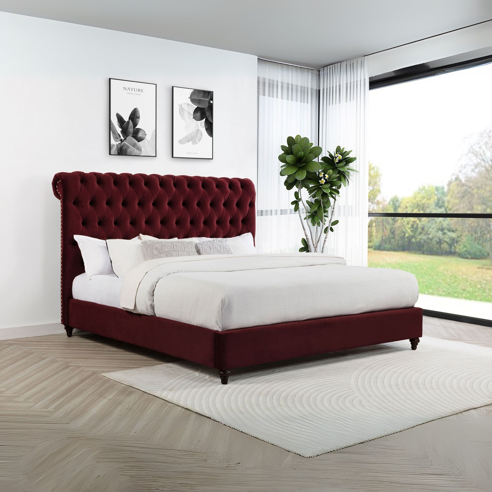 Baudouin Devon California King Wine Red Velvet Panel Bed – Classic Tufted Upholstered with Nailhead Trim