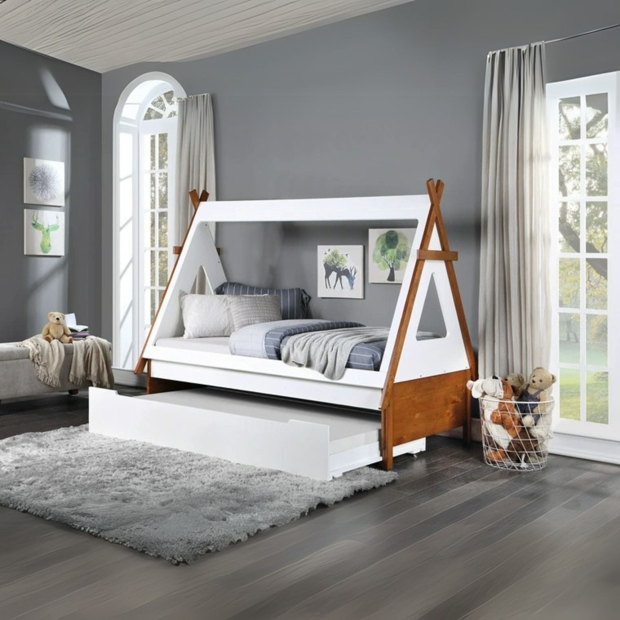 Loreen Twin Bed, Oak & White Finish