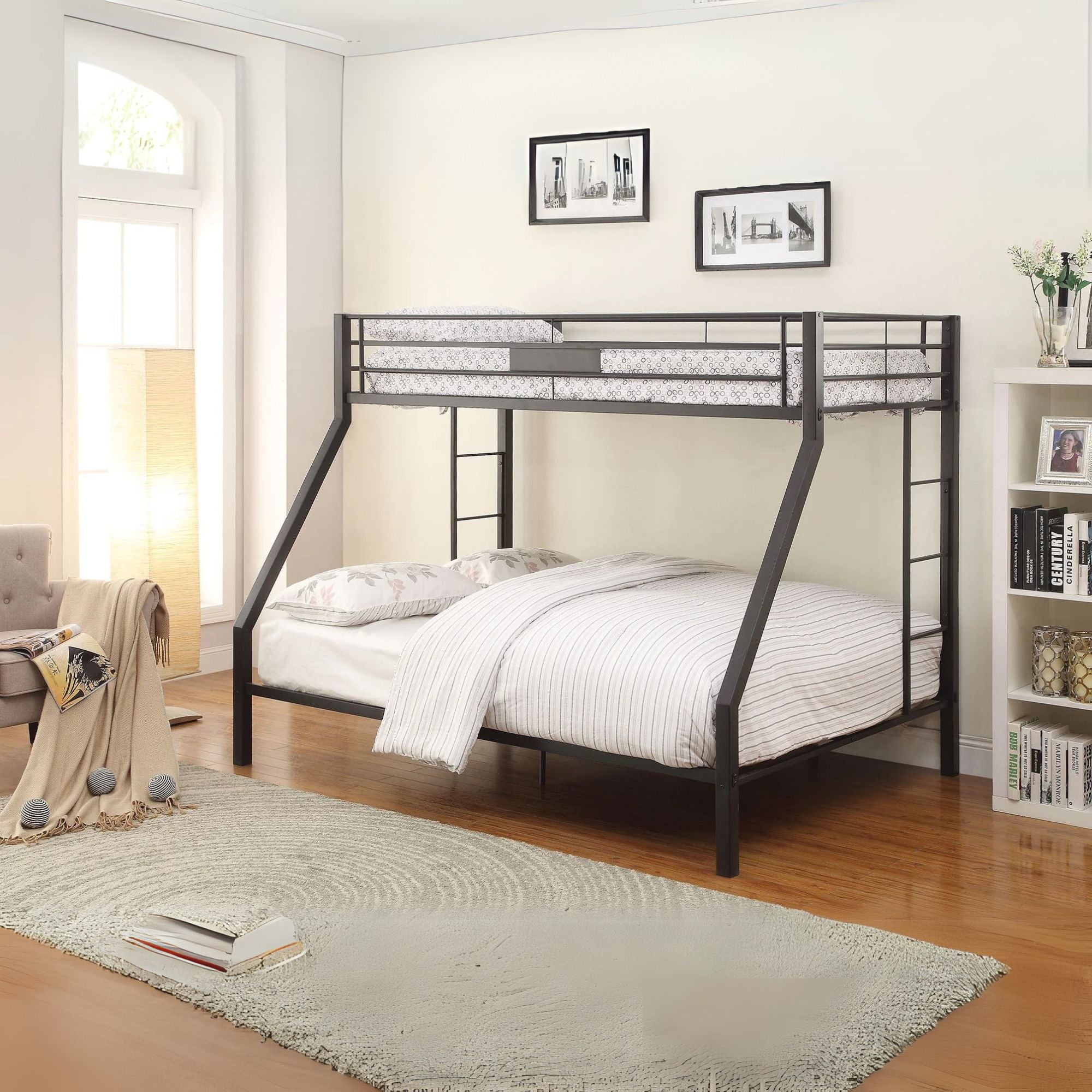 Omaha Limbra Twin XL & Queen Bunk Bed Sandy Black Metal  Industrial Style, Slatted Base