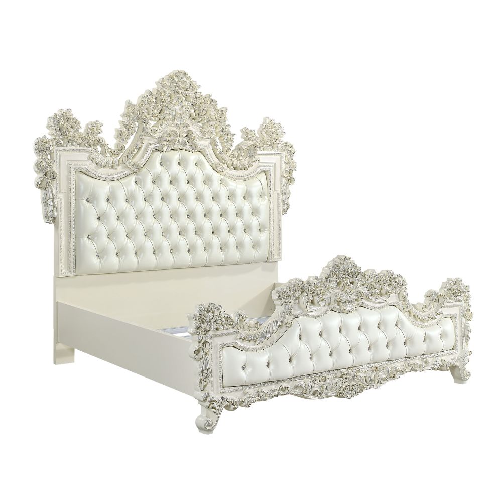 Adara Eastern King Bed, Pearl White Synthetic Leather & Antique White Finish