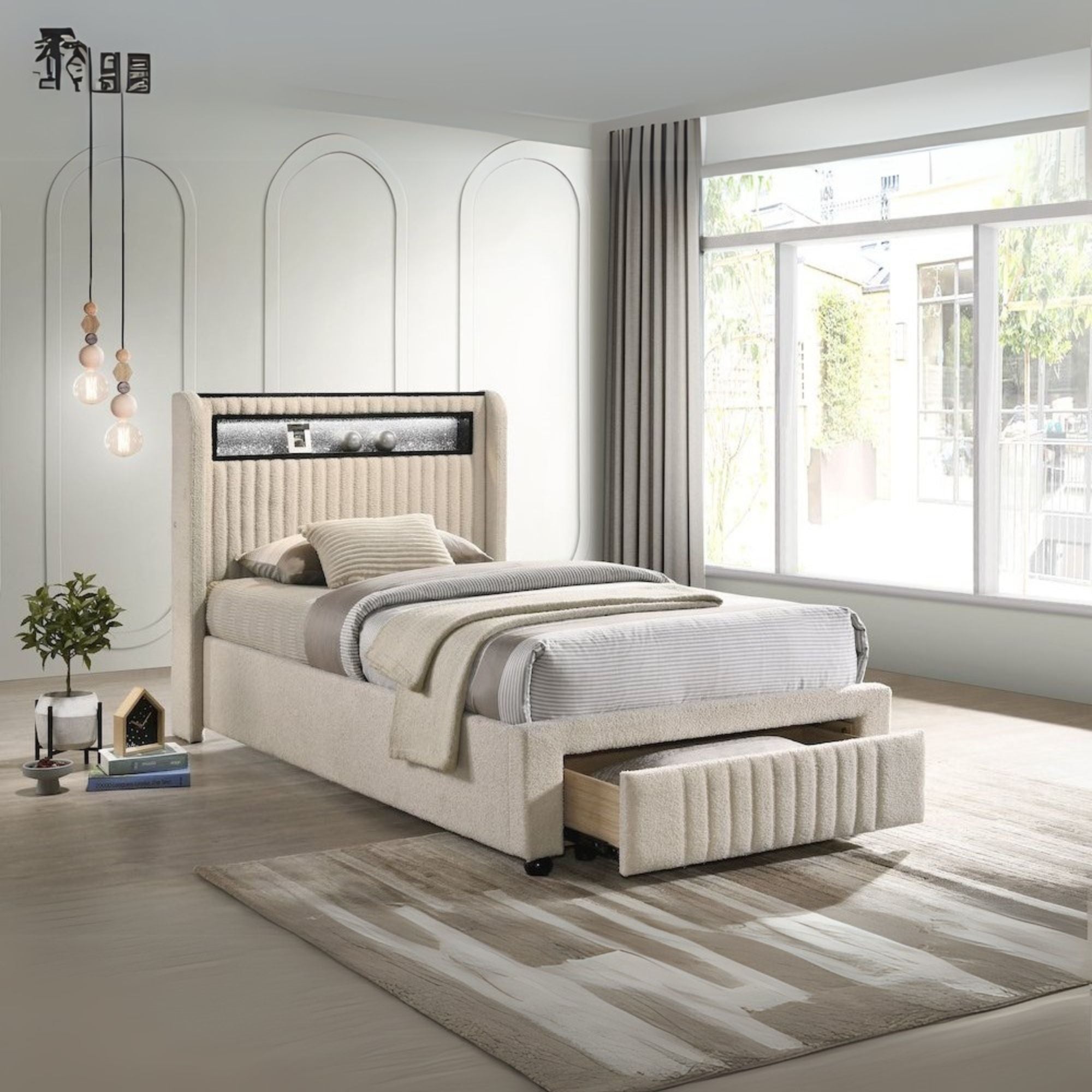 Madison Upholstered LED Twin Storage Platform Bed Cream