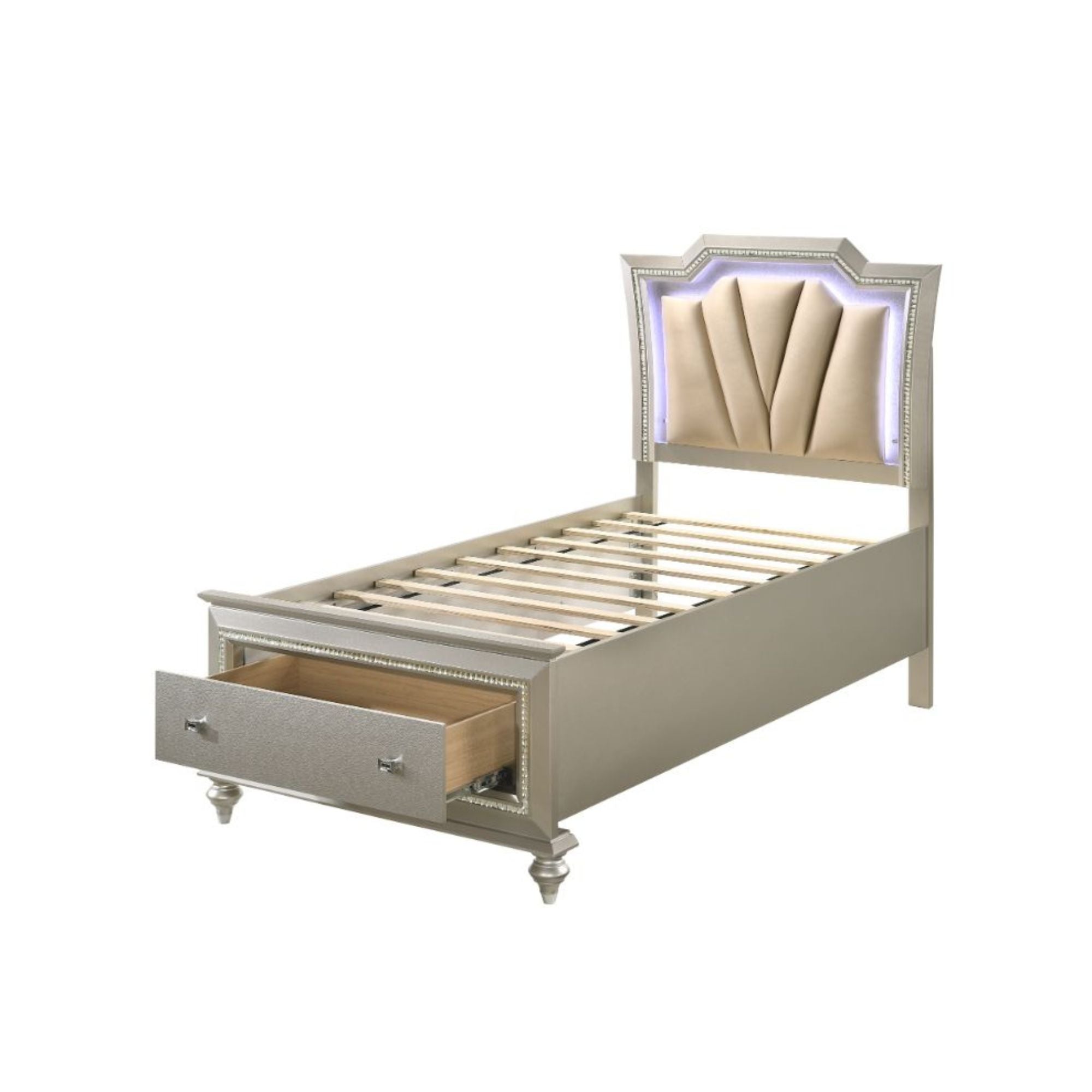 Kaitlyn Full Bed w/Storage & LED, Synthetic Leather & Champagne