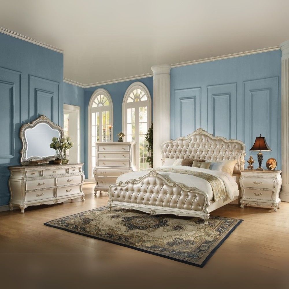 Chantelle Eastern King Bed, Rose Gold Synthetic Leather & Pearl White