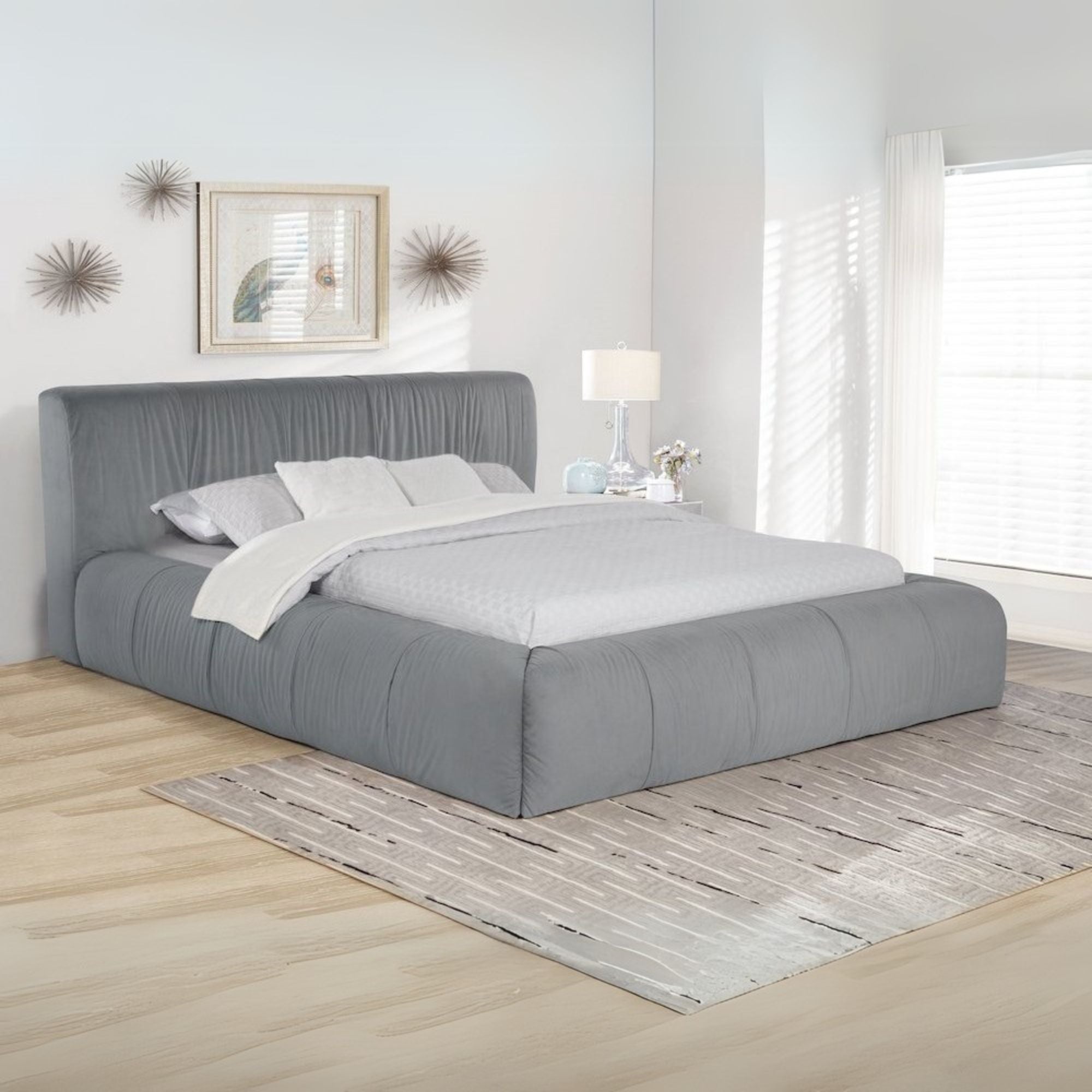 Paul Wilshire Queen Grey Upholstered Platform Bed  Modern Style with Sturdy Construction