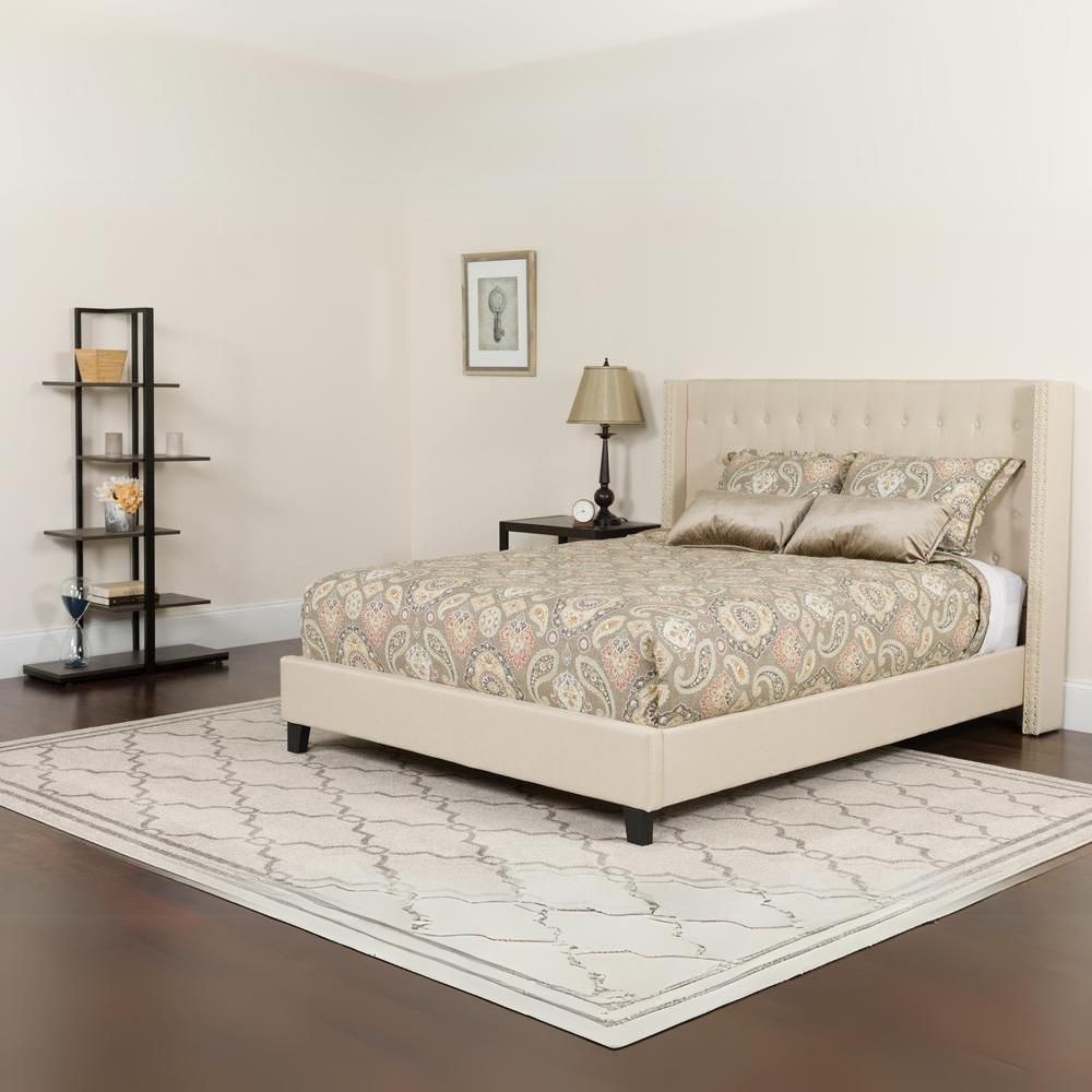 Kathy Queen Size Platform Bed in Beige Fabric with Pocket Spring Mattress