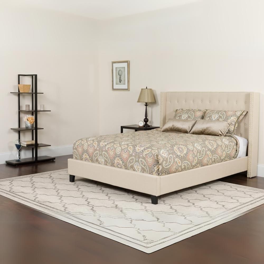 Sanji  Aurora Full Size Upholstered Platform Bed in Beige Fabric  Tufted Headboard, Slatted Base