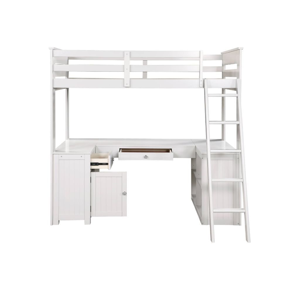 Ambar Twin Loft Bed w/Desk & Bookcase & Chest, Light Gray