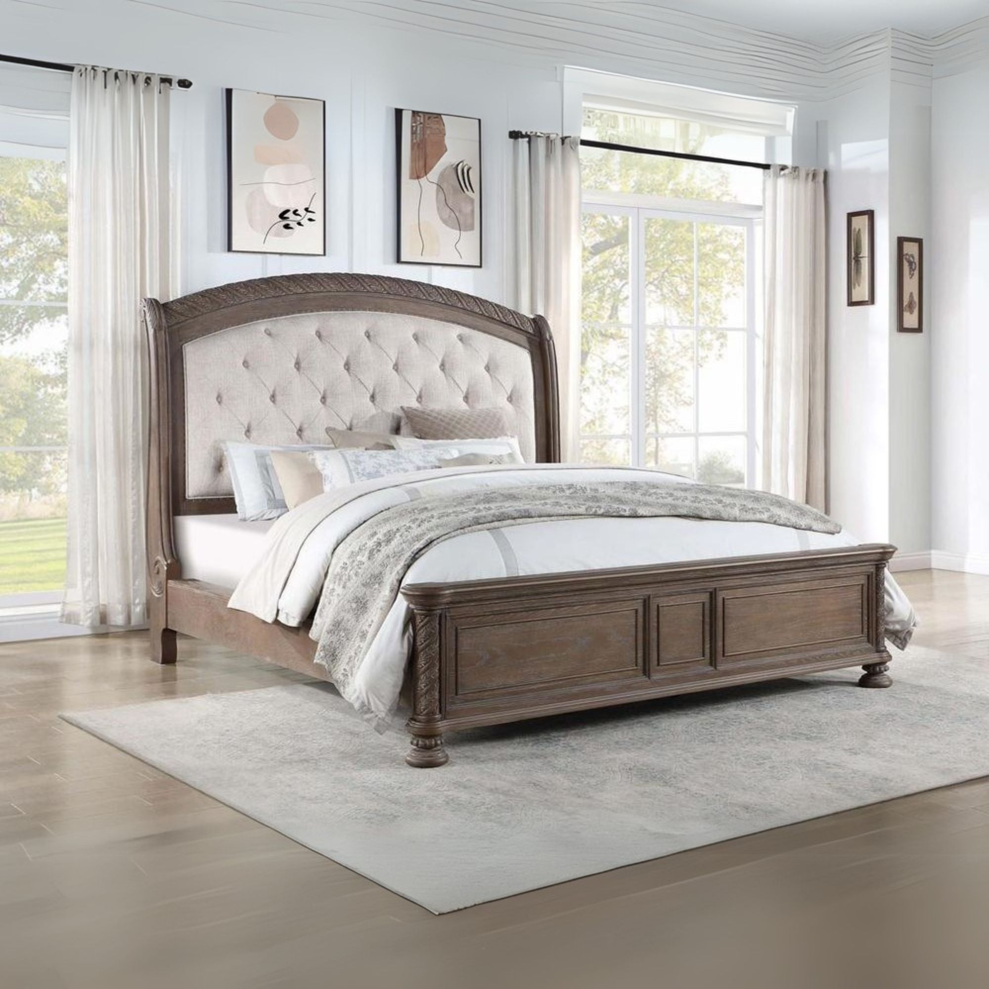 Emmett Tufted Headboard Eastern King Panel Bed Walnut and Beige