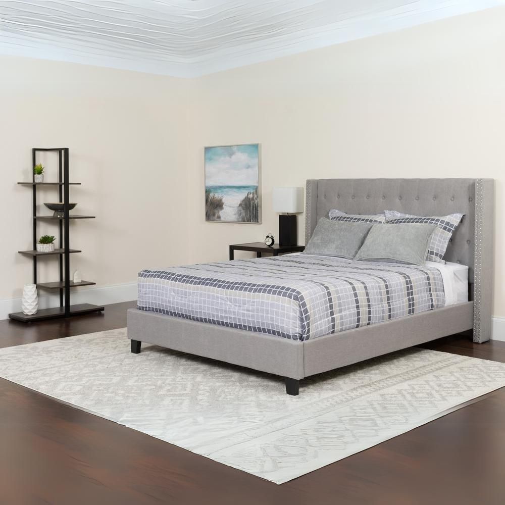 Barbara Twin Size Platform Bed in Light Grey Fabric with Memory Foam Mattress