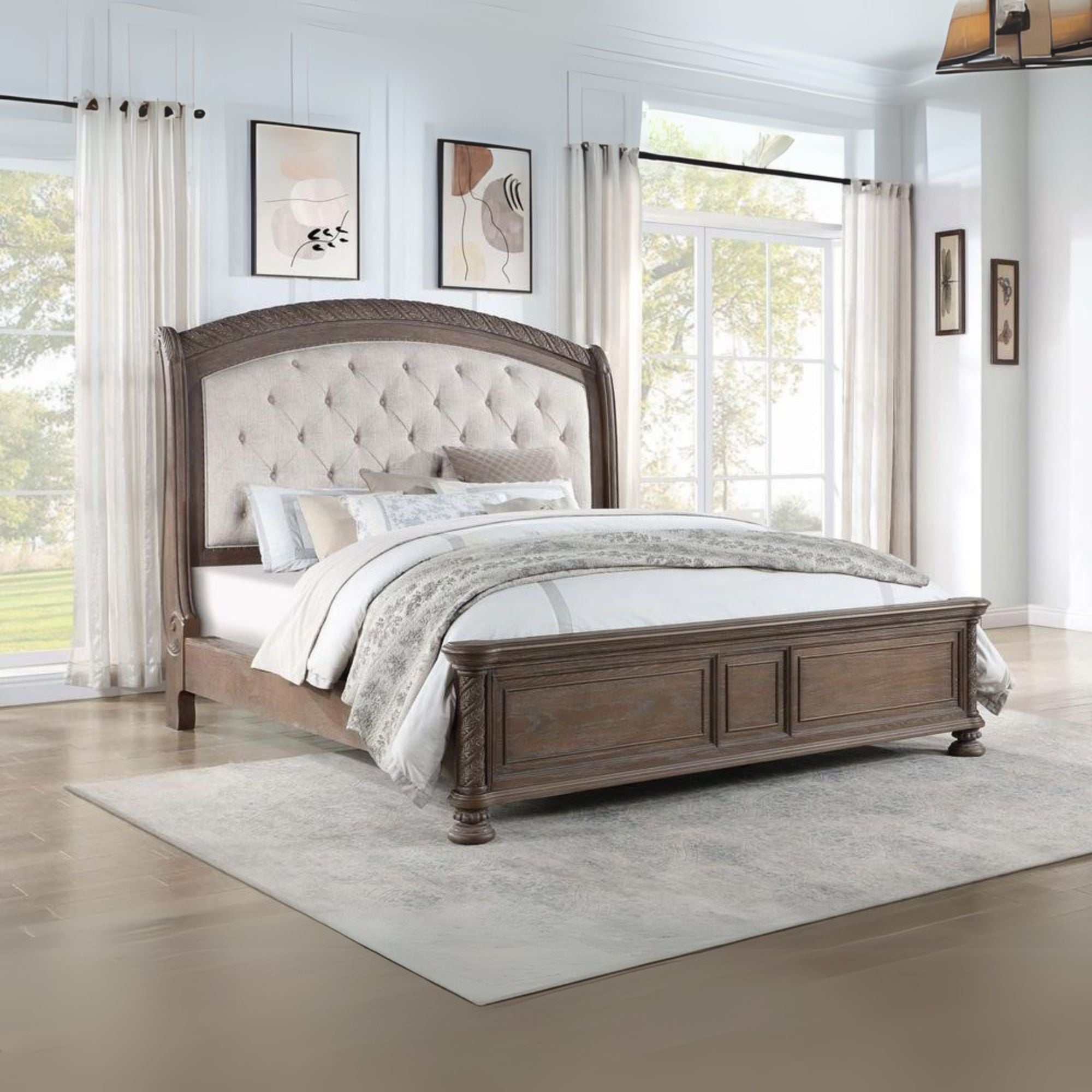 Emmett Tufted Headboard Queen Panel Bed Walnut and Beige