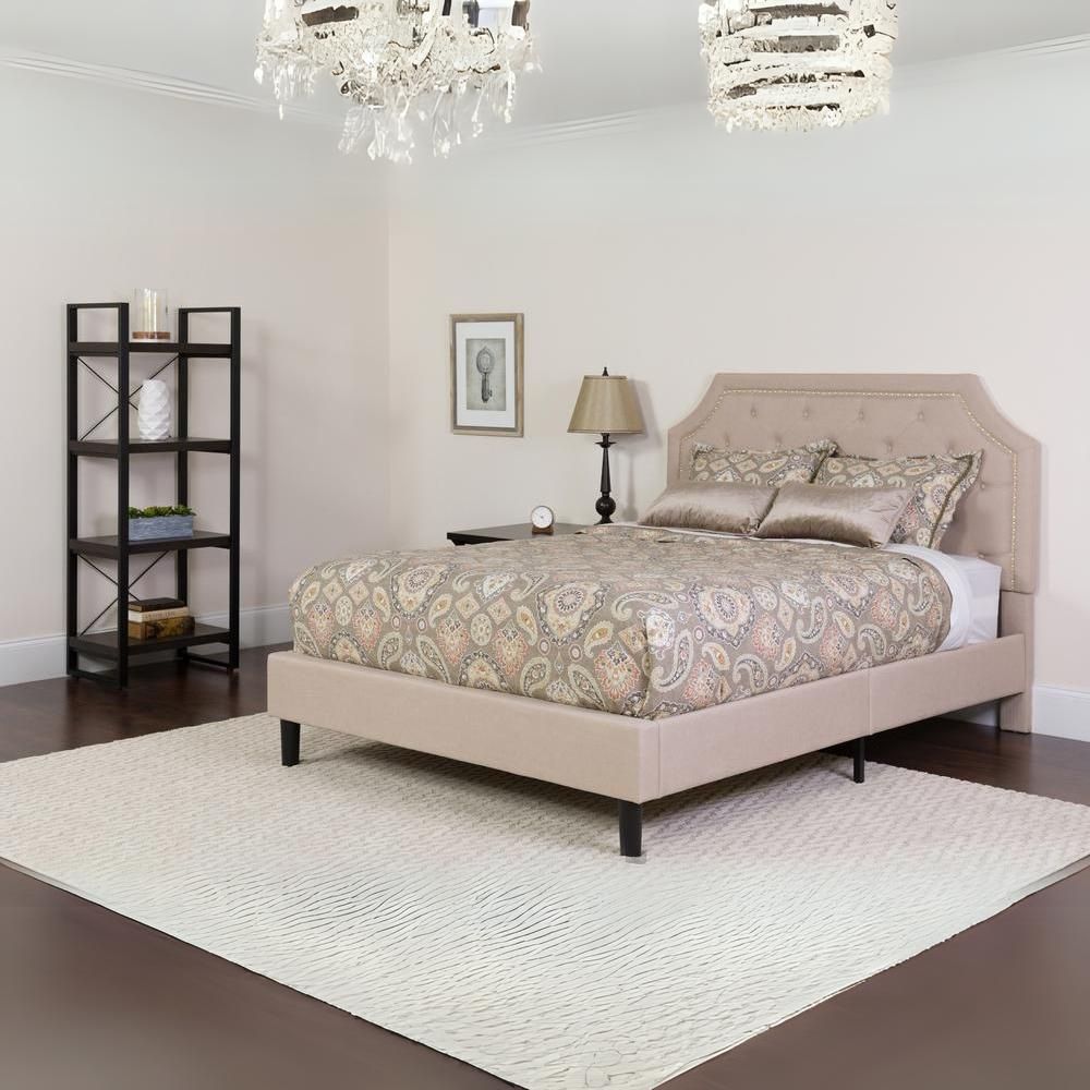 Holly Full Size Platform Bed in Beige Fabric with Memory Foam Mattress