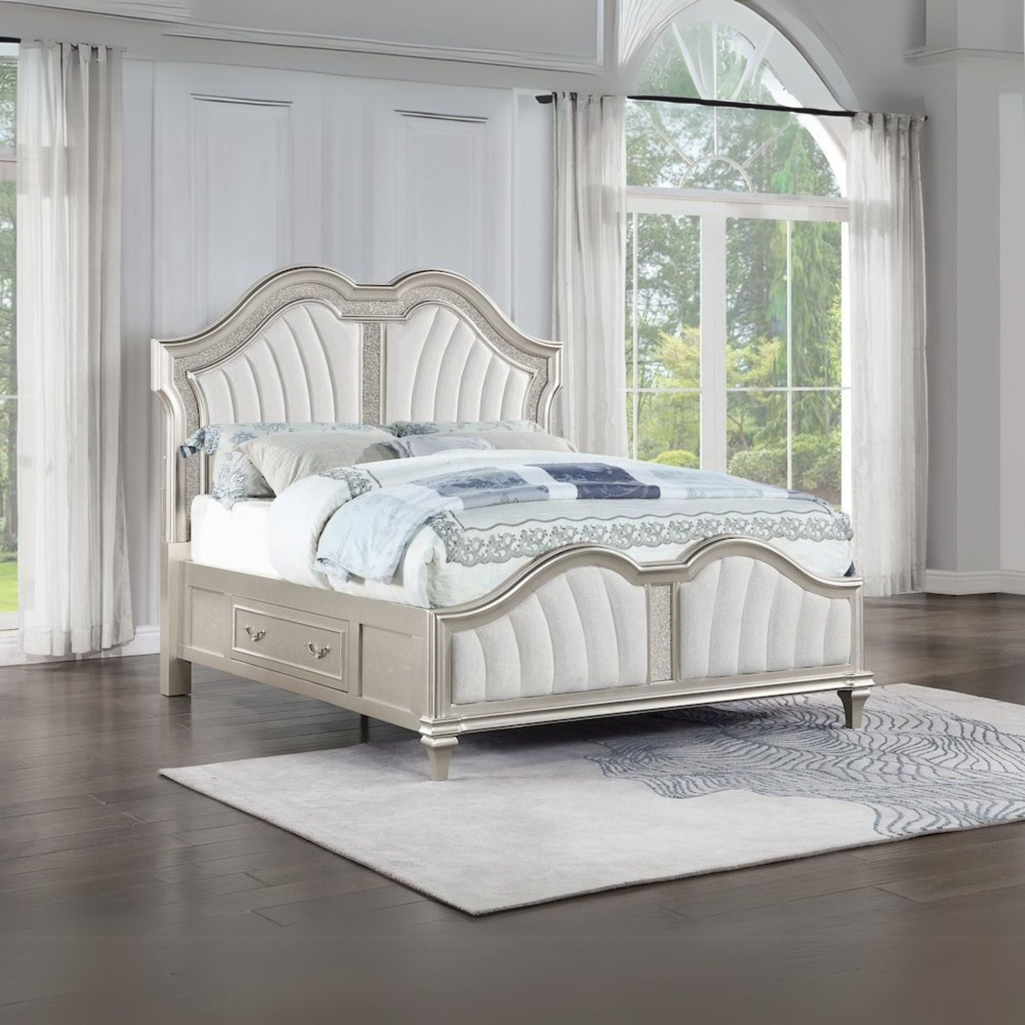 Evangeline Wood Queen LED Storage Panel Bed Silver Oak