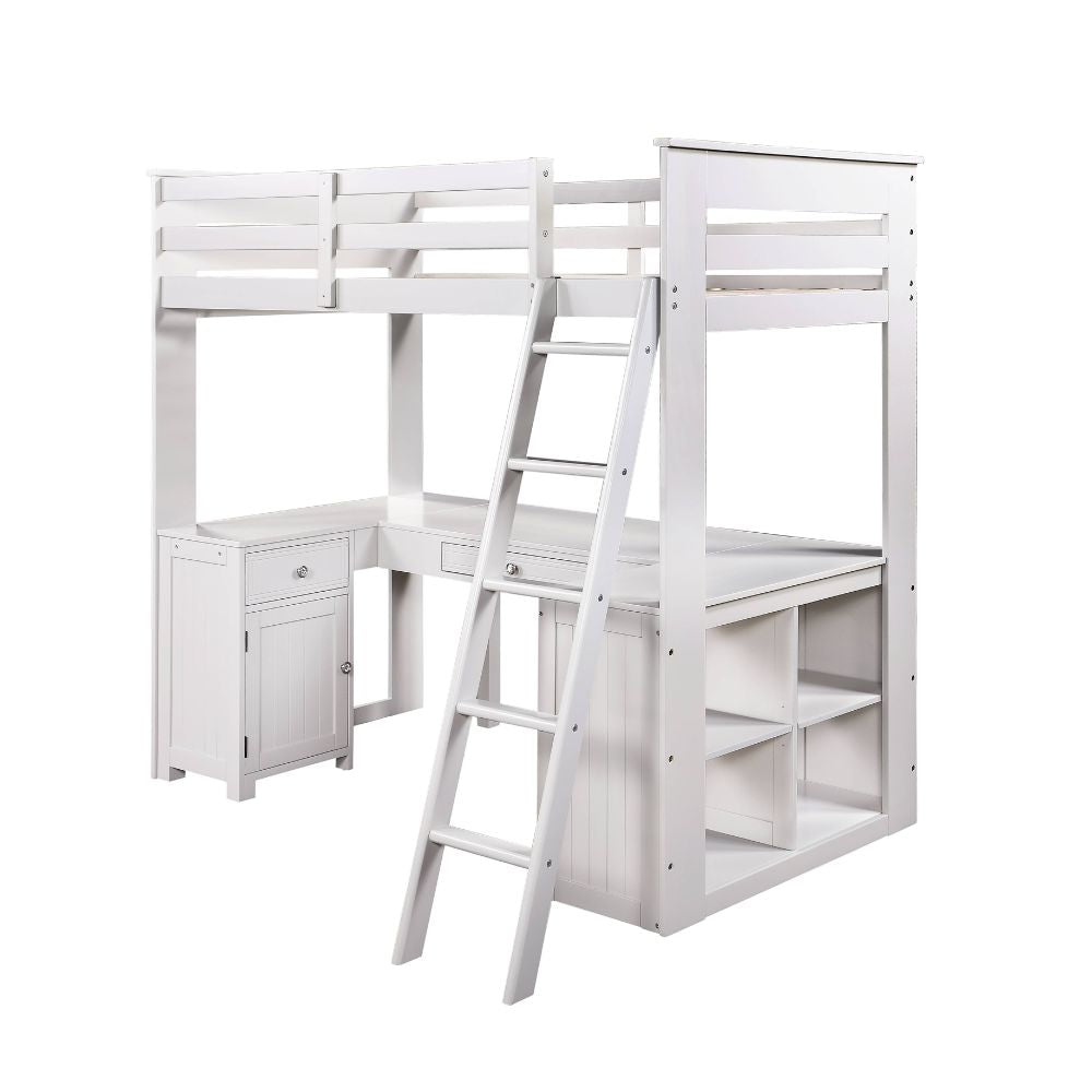 Ambar Twin Loft Bed w/Desk & Bookcase & Chest, Light Gray