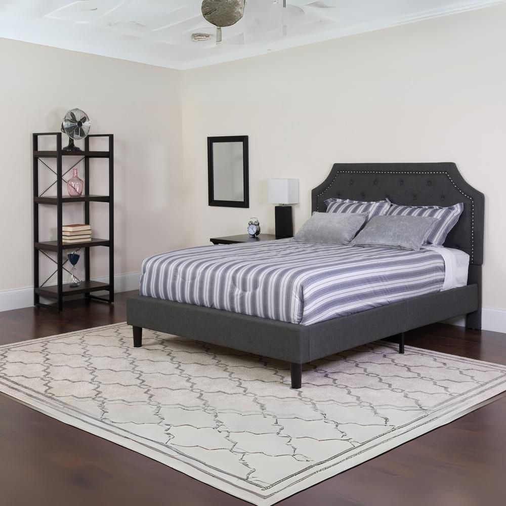 Twin Size Platform Bed in Dark Grey Fabric with Pocket Spring Mattress