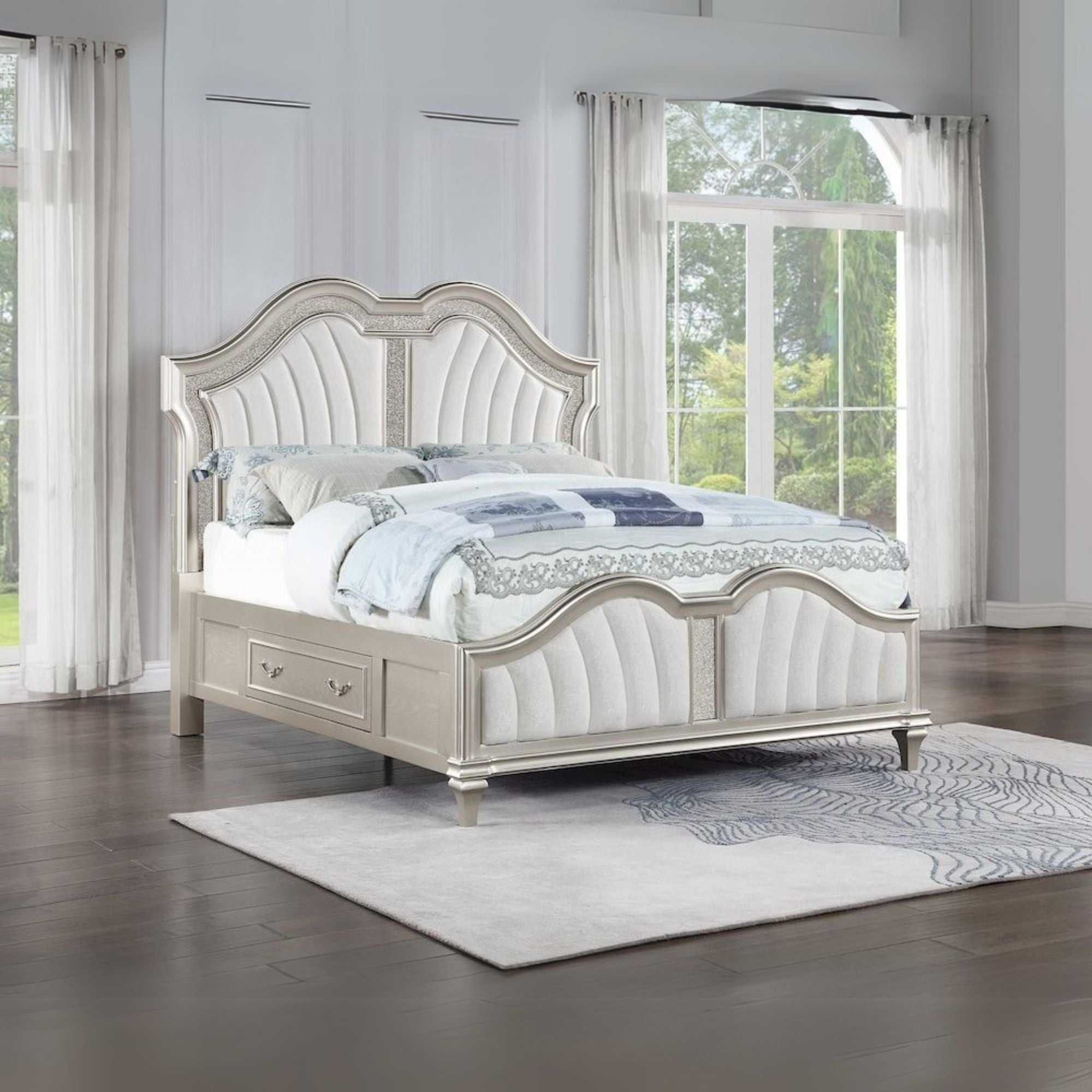 Evangeline Eastern King LED Storage Panel Bed Silver Oak