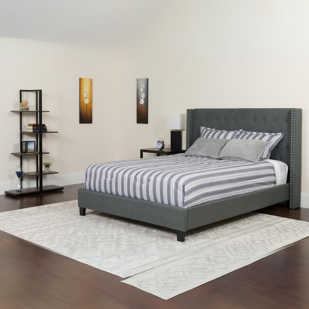 Barbara Queen Size Platform Bed in Dark Grey Fabric with Memory Foam Mattress